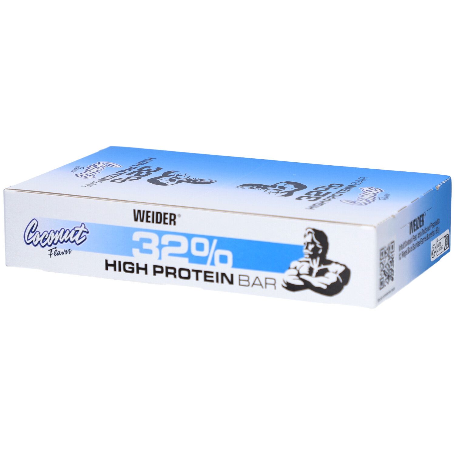 Weiße und blaue Box mit Weider 32% High Protein Bar. Aufschrift: 32% High Protein Bar, Weider, Kokos-Geschmack. QR-Code.