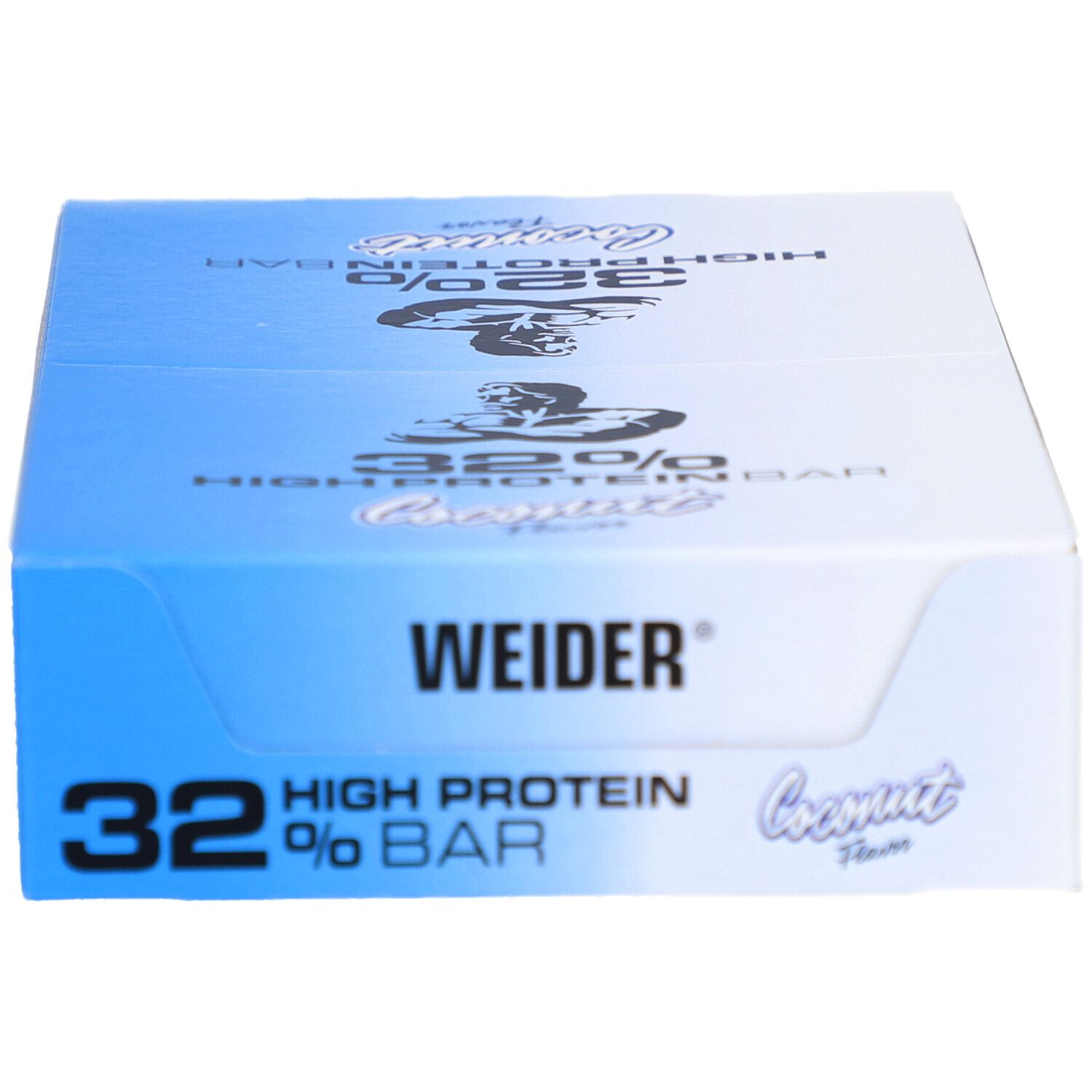Blaue Box mit Weider 32% High Protein Bar. Aufschrift: 32% High Protein Bar, Weider, Kokos-Geschmack. Mehrere Logos.