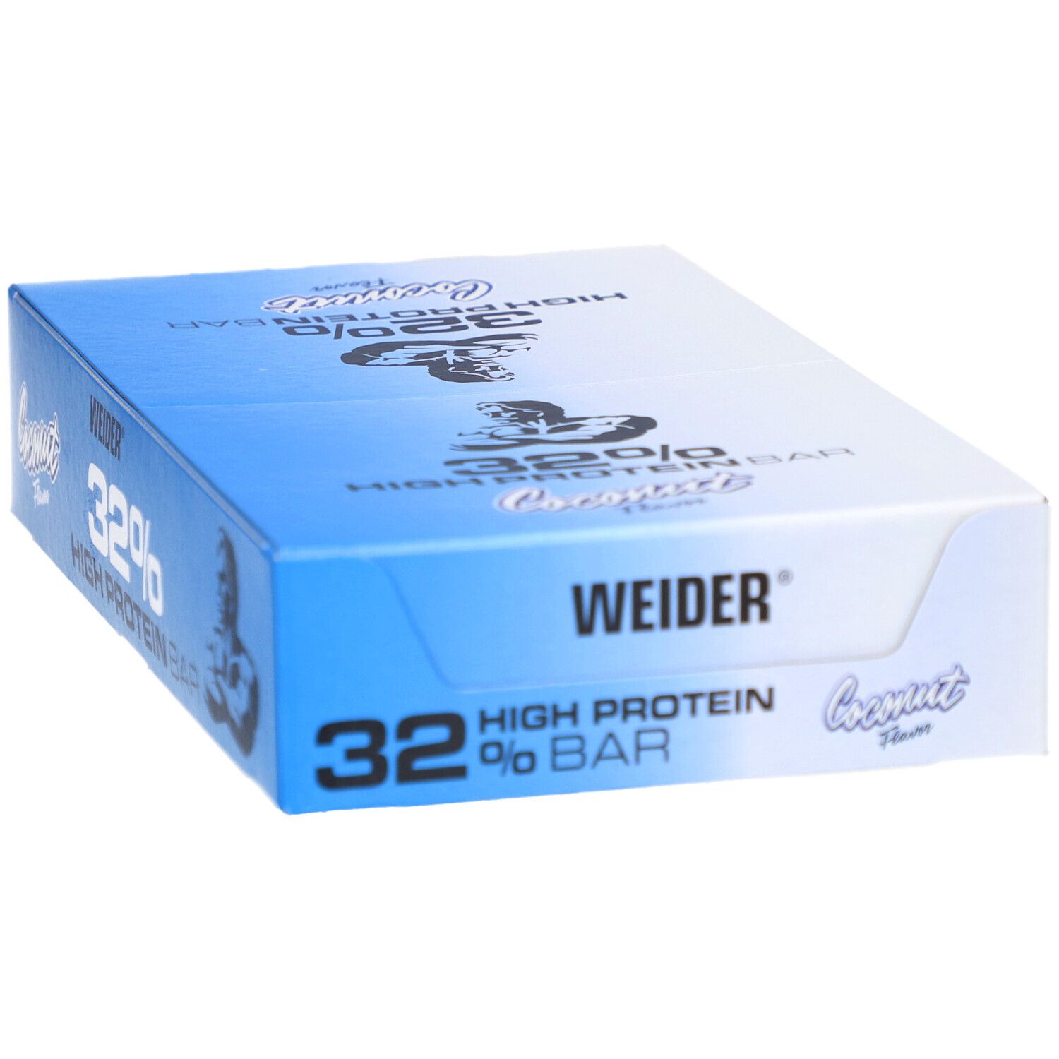 Blaue Box mit Weider 32% High Protein Bar. Aufschrift: 32% High Protein Bar, Weider, Kokos-Geschmack. Logo und Text.