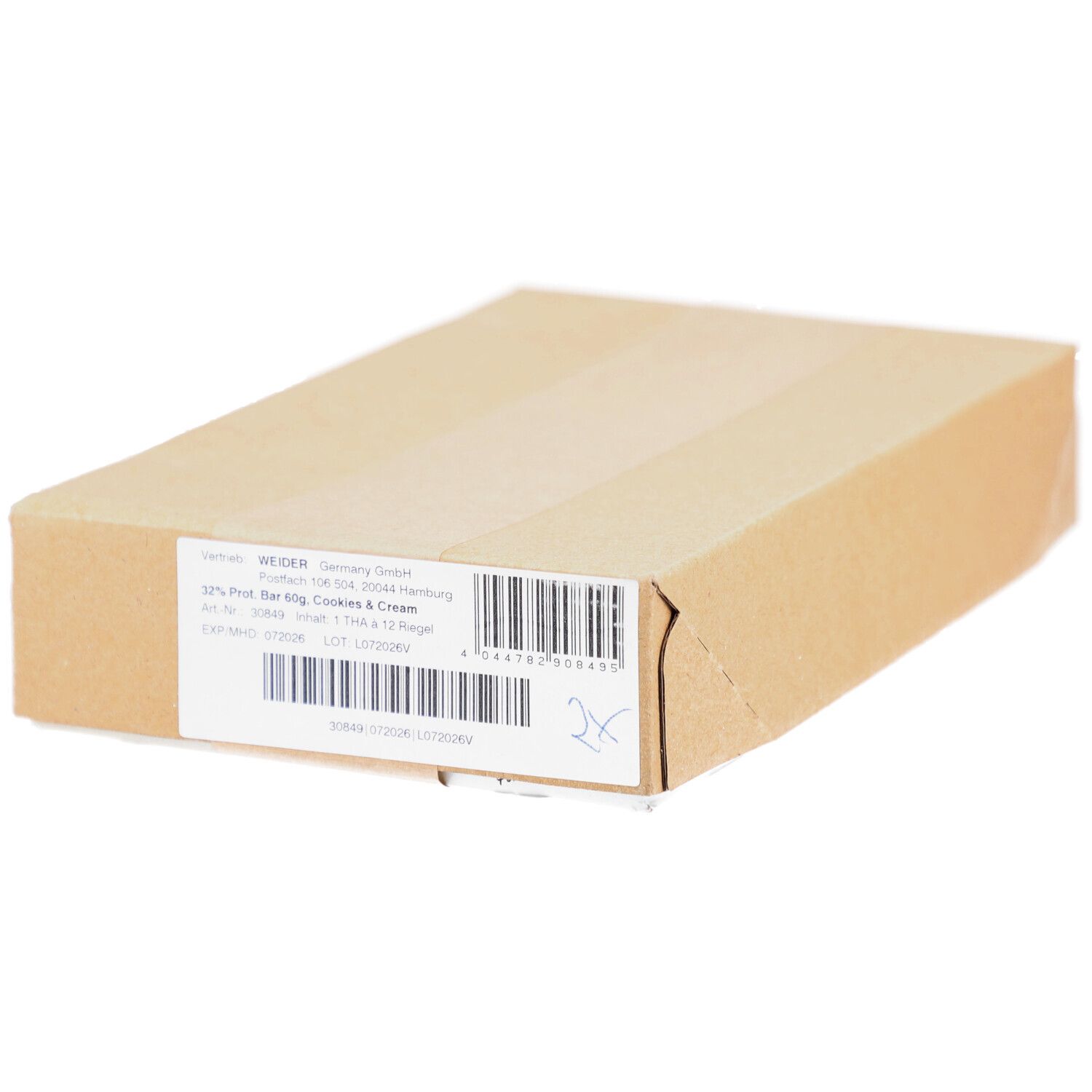 Emballage en carton. Étiquette avec informations produit. Inscription: 32% Prot. Bar 60g, Cookies & Cream. Code-barres.