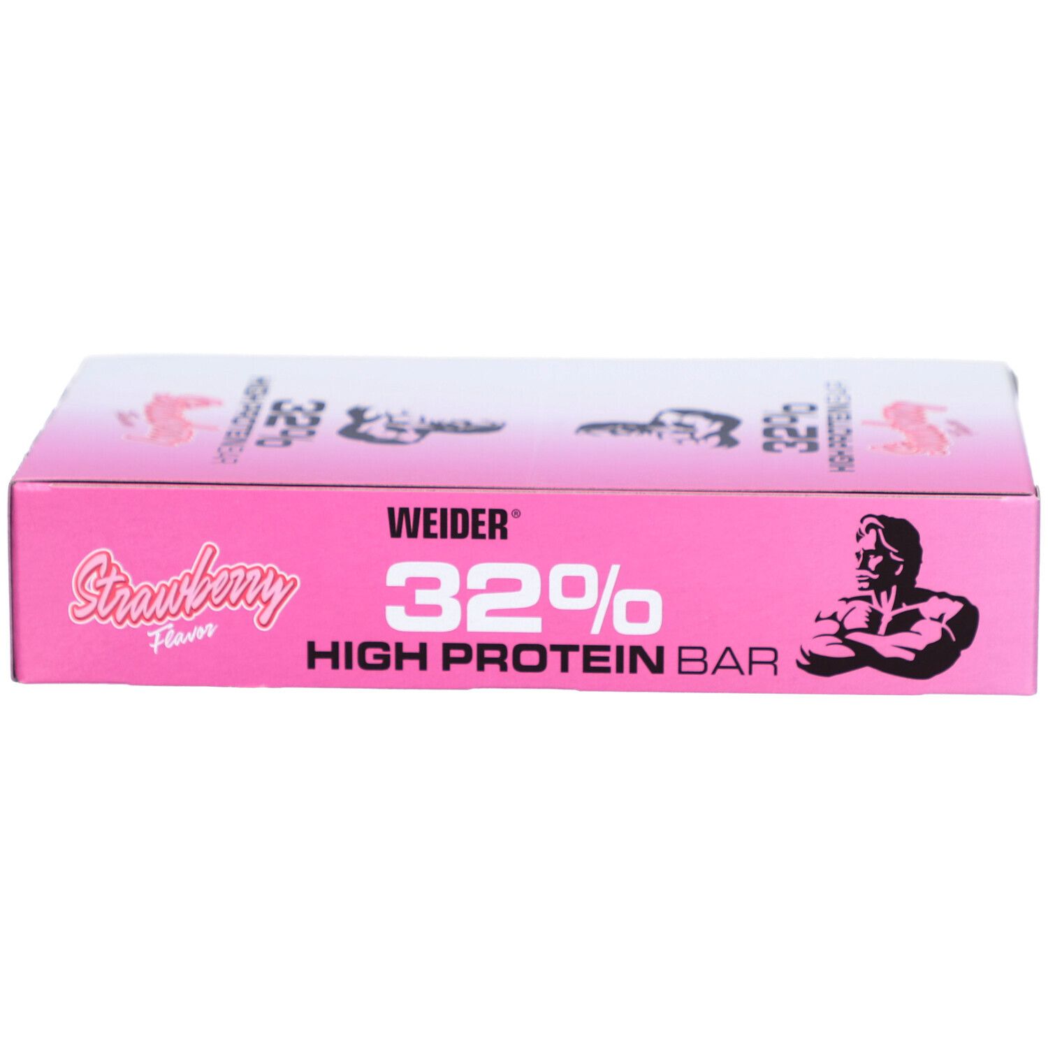 Verpackung mit "WEIDER", "32% High Protein Bar", "Strawberry Flavor". Rosa-weiße Farbgebung. Athleten-Silhouette.