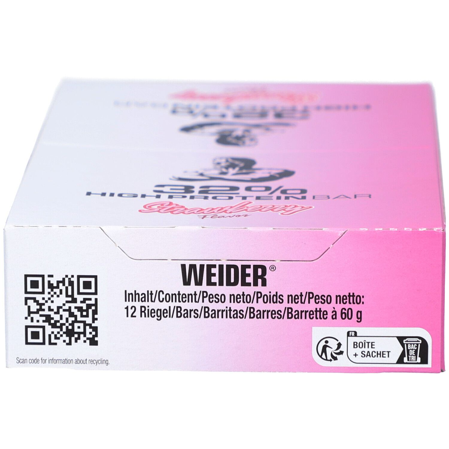 Verpackung mit "WEIDER", "32% High Protein Bar", "Strawberry Flavor". Enthält 12 Riegel à 60g. QR-Code und Recycling-Symbol.