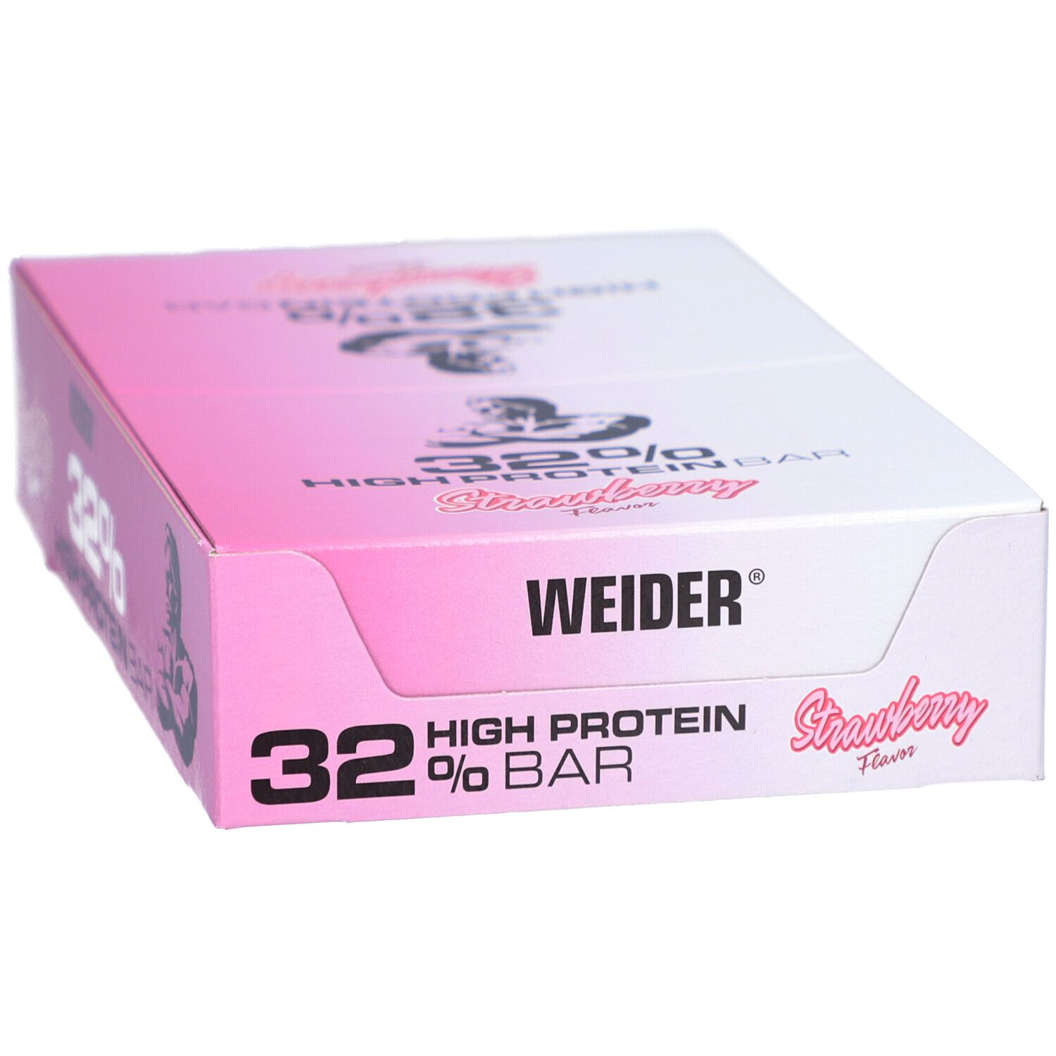 Verpackung mit "WEIDER", "32% High Protein Bar", "Strawberry Flavor". Rosa-weiße Farbgebung.