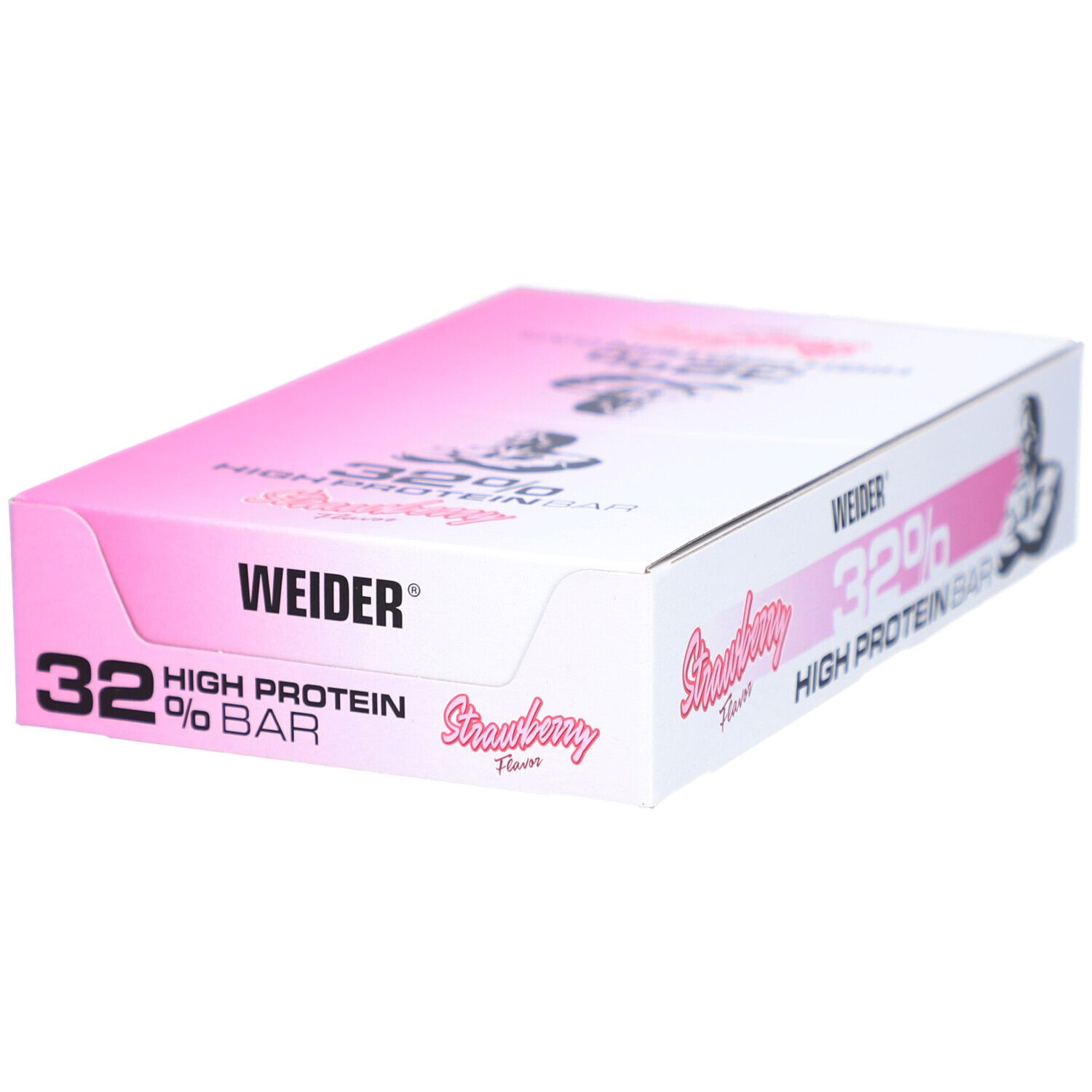 Verpackung mit "WEIDER", "32% High Protein Bar", "Strawberry Flavor". Rosa-weiße Farbgebung. Schräge Ansicht.
