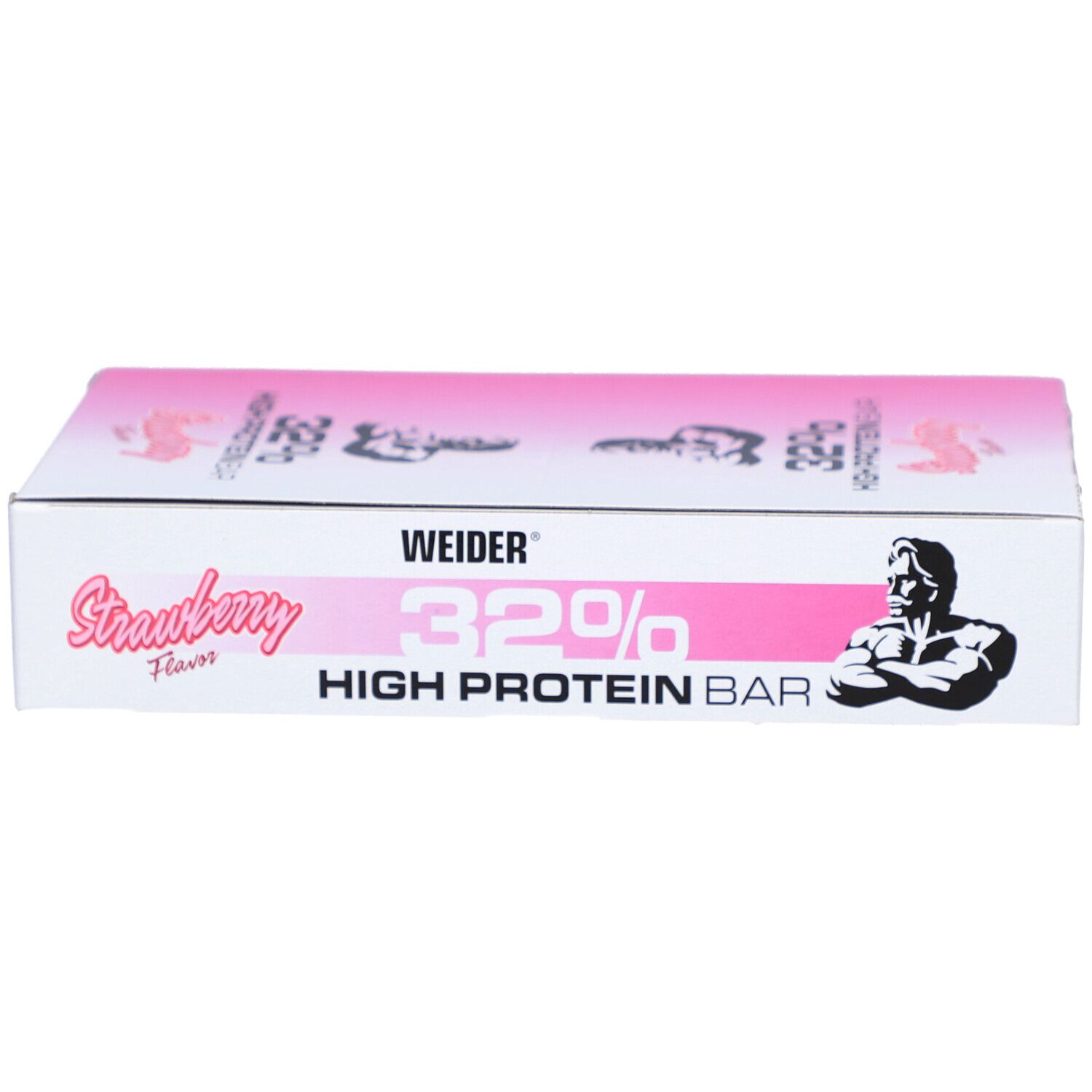 Verpackung mit "WEIDER", "32% High Protein Bar", "Strawberry Flavor". Rosa-weiße Farbgebung. Athleten-Silhouette.