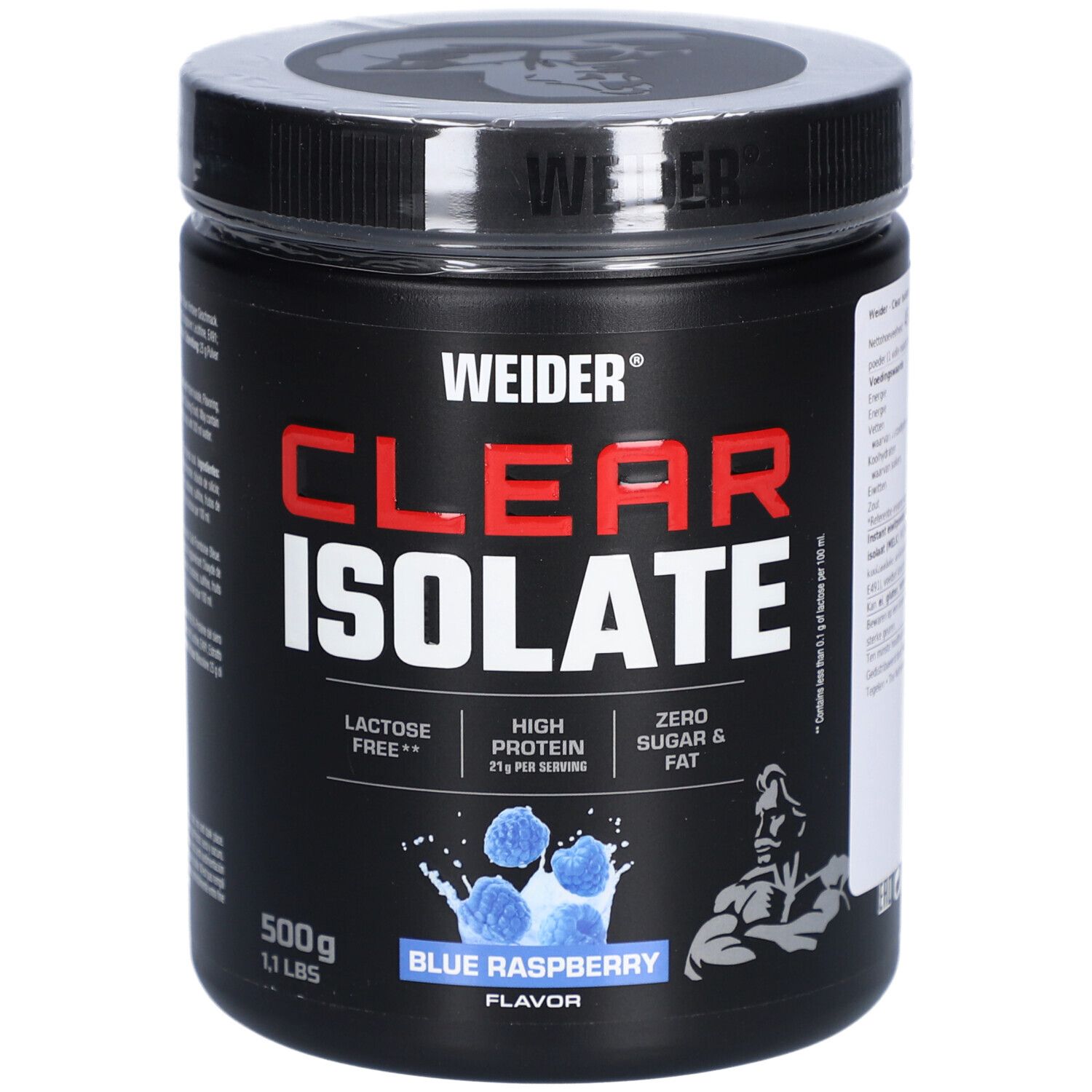 Pot noir "CLEAR ISOLATE" saveur framboise bleue. Marque WEIDER. Contient 500g. Sans lactose, riche en protéines, sans sucre ni graisse.