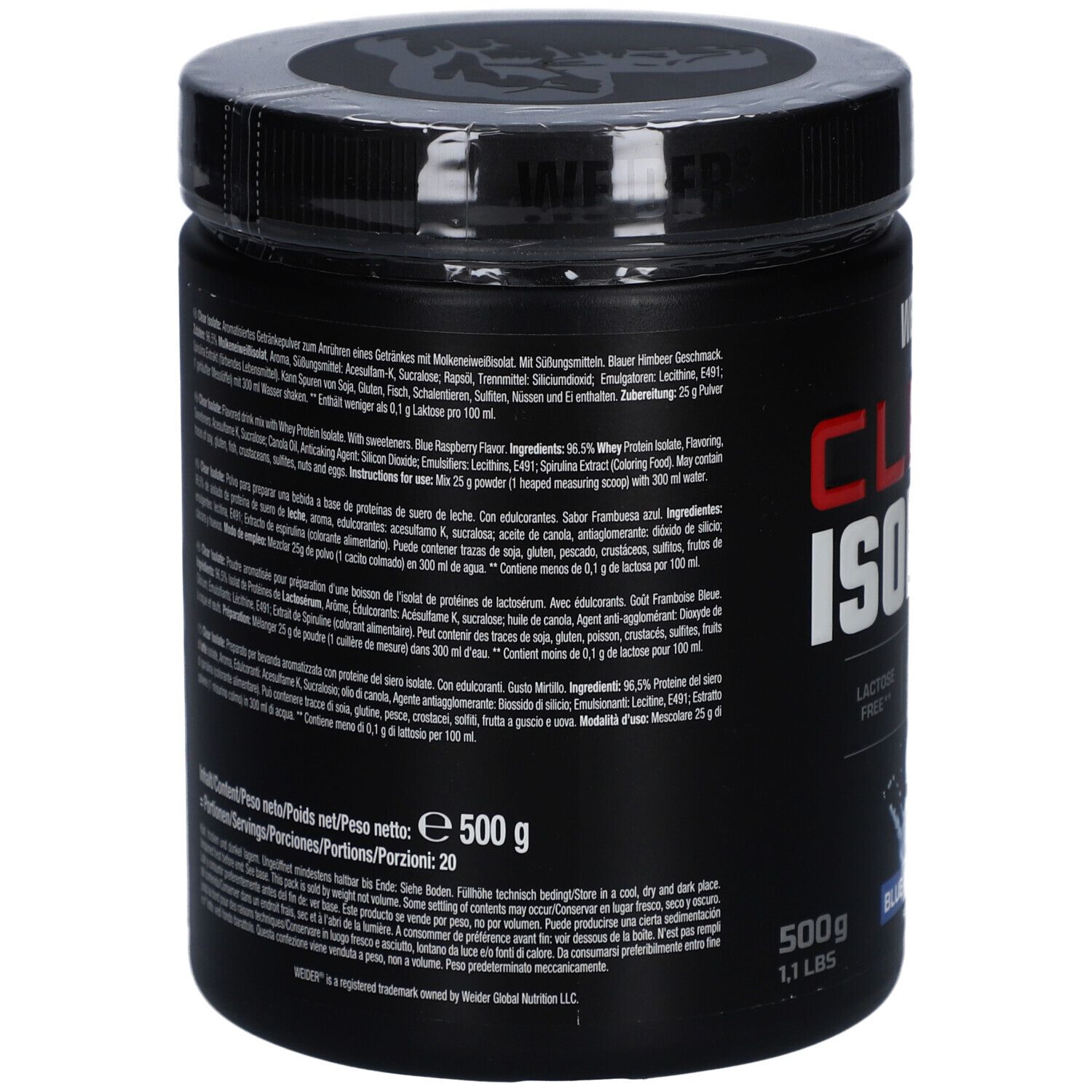 Dos du pot noir. Informations sur les ingrédients et la valeur nutritionnelle. Marque WEIDER. 500g. Saveur framboise bleue.