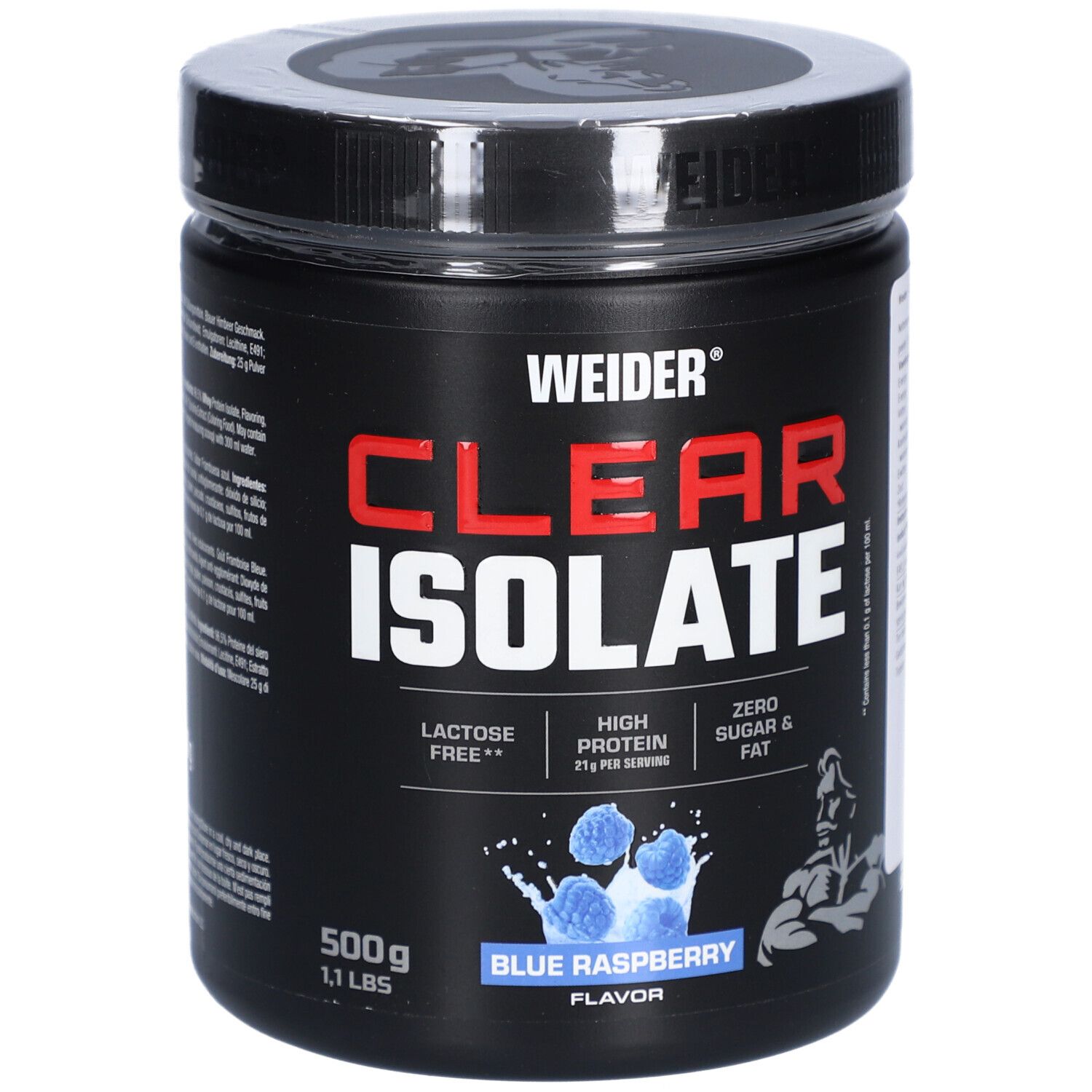 Pot noir "CLEAR ISOLATE" saveur framboise bleue. Marque WEIDER. Contient 500g. Sans lactose, riche en protéines, sans sucre ni graisse.