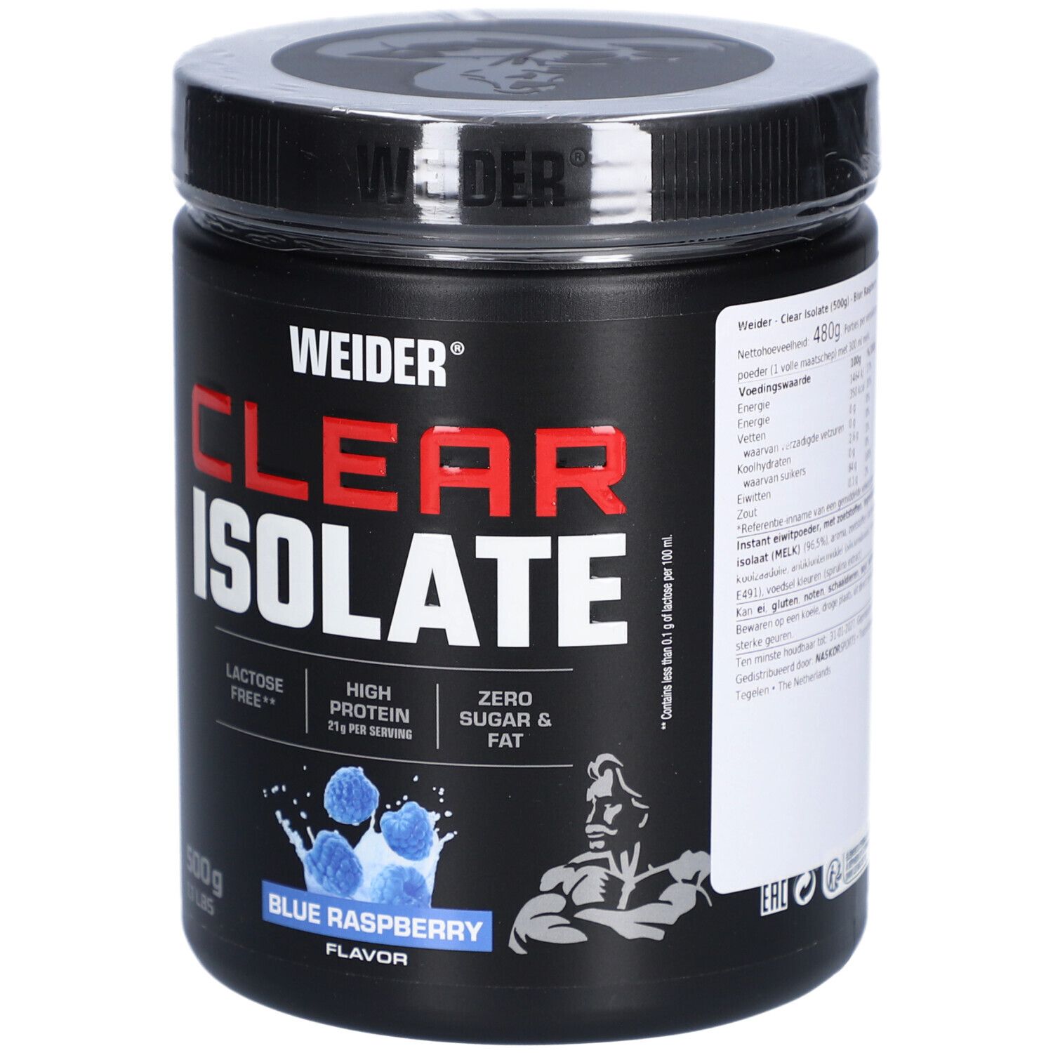 Pot noir "CLEAR ISOLATE" saveur framboise bleue. Marque WEIDER. Contient 500g. Sans lactose, riche en protéines, sans sucre ni graisse.