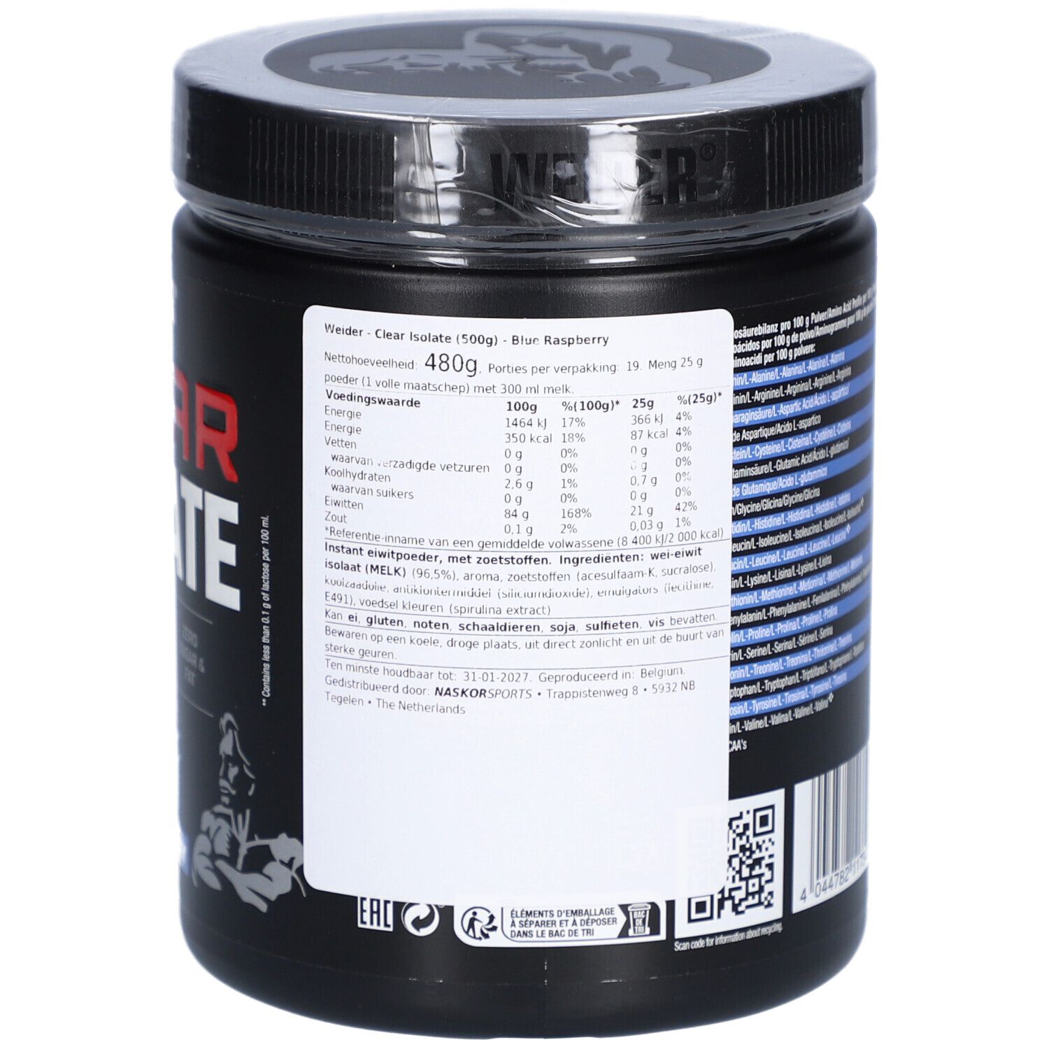 Dos du pot noir. Informations sur les ingrédients et la valeur nutritionnelle. Marque WEIDER. 500g. Saveur framboise bleue.
