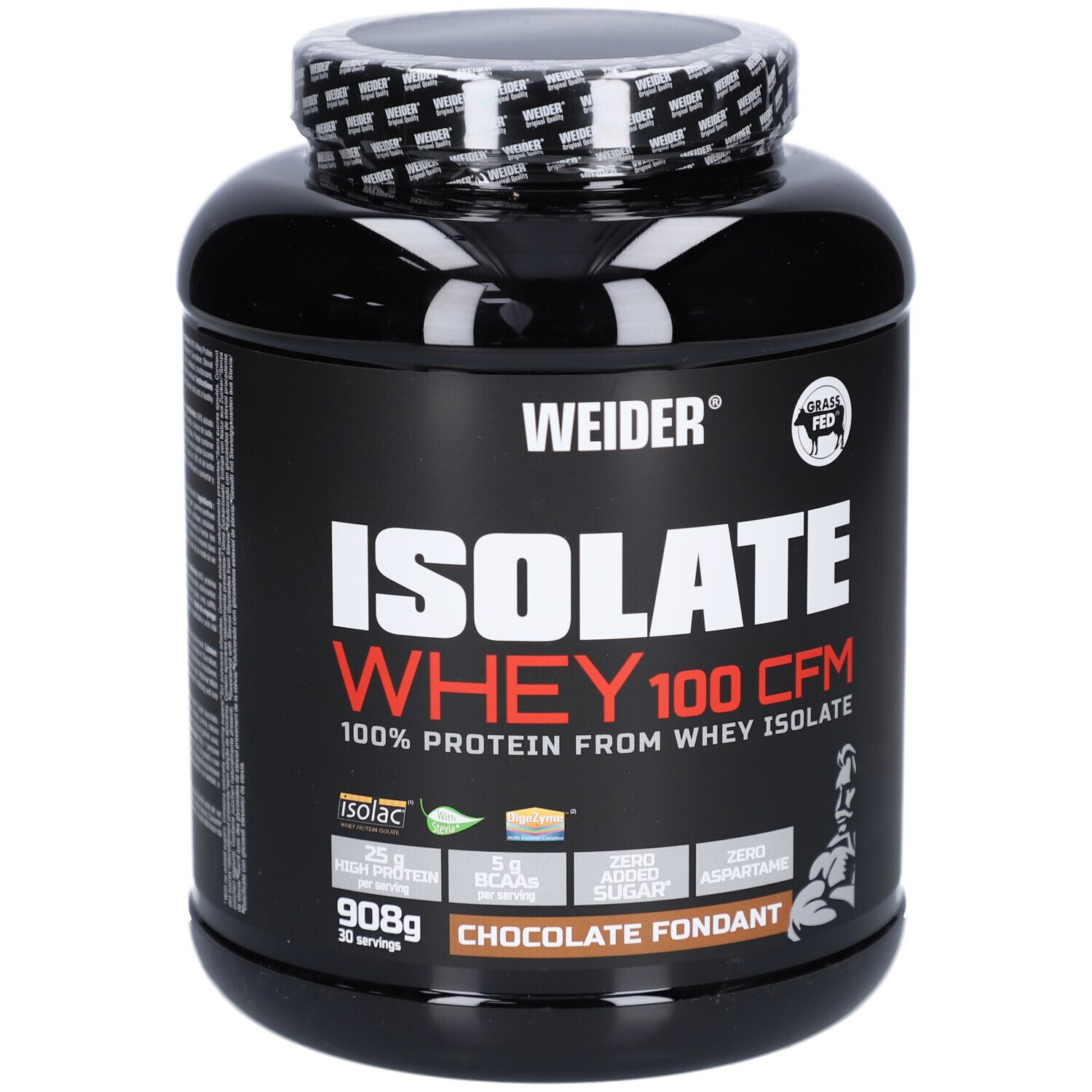 Schwarze Dose mit Aufschrift ISOLATE WHEY 100 CFM, 908g, Geschmacksrichtung Chocolate Fondant. Marke Weider.