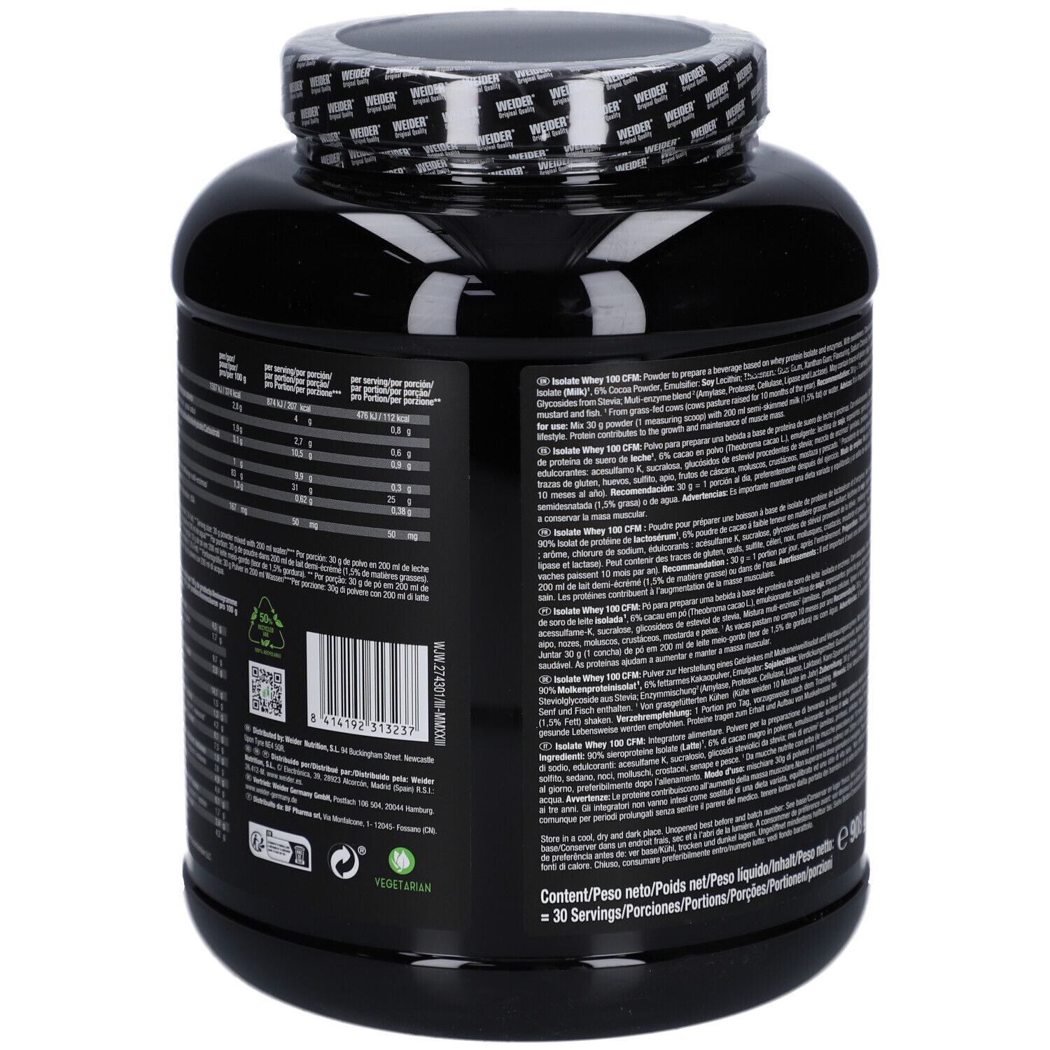 Rückseite der schwarzen Dose mit Nährwertangaben, Inhaltsstoffen und Herstellerinformationen. Mit Recycling-Symbol.