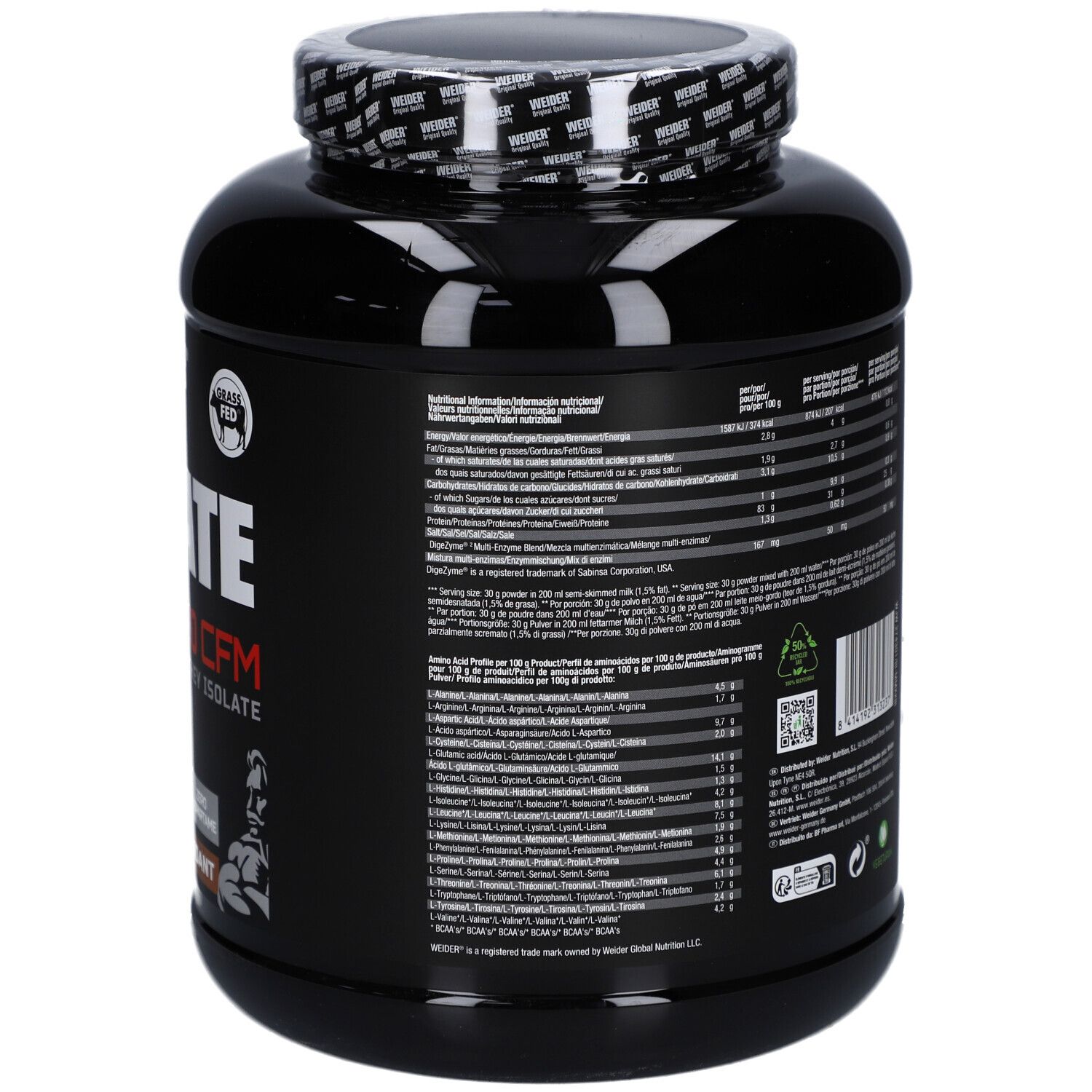 Rückseite der schwarzen Dose mit Nährwertangaben, Inhaltsstoffen und Herstellerinformationen. Mit Recycling-Symbol.