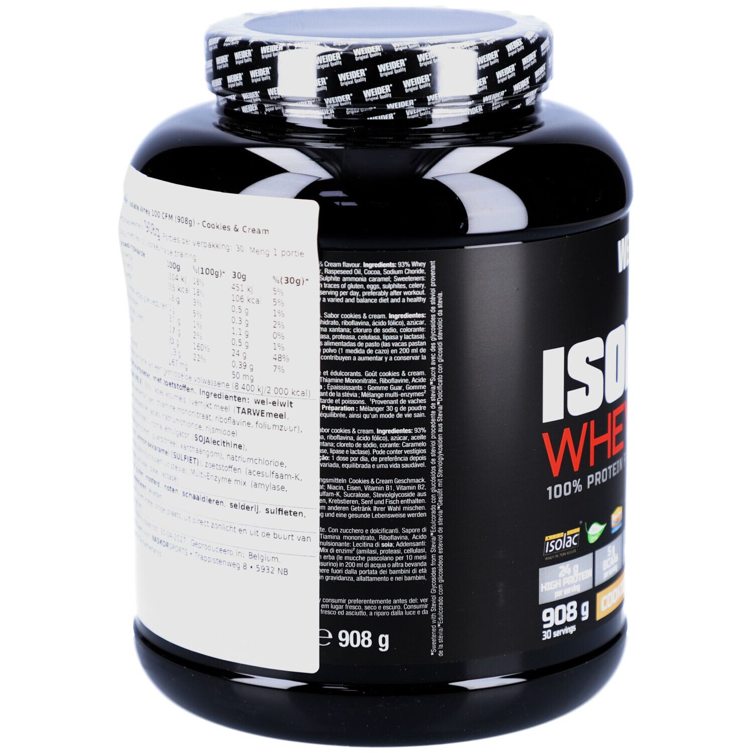 Schwarze Dose mit weißem Deckel. Aufkleber mit Nährwertangaben und Zutaten. Enthält 908g.