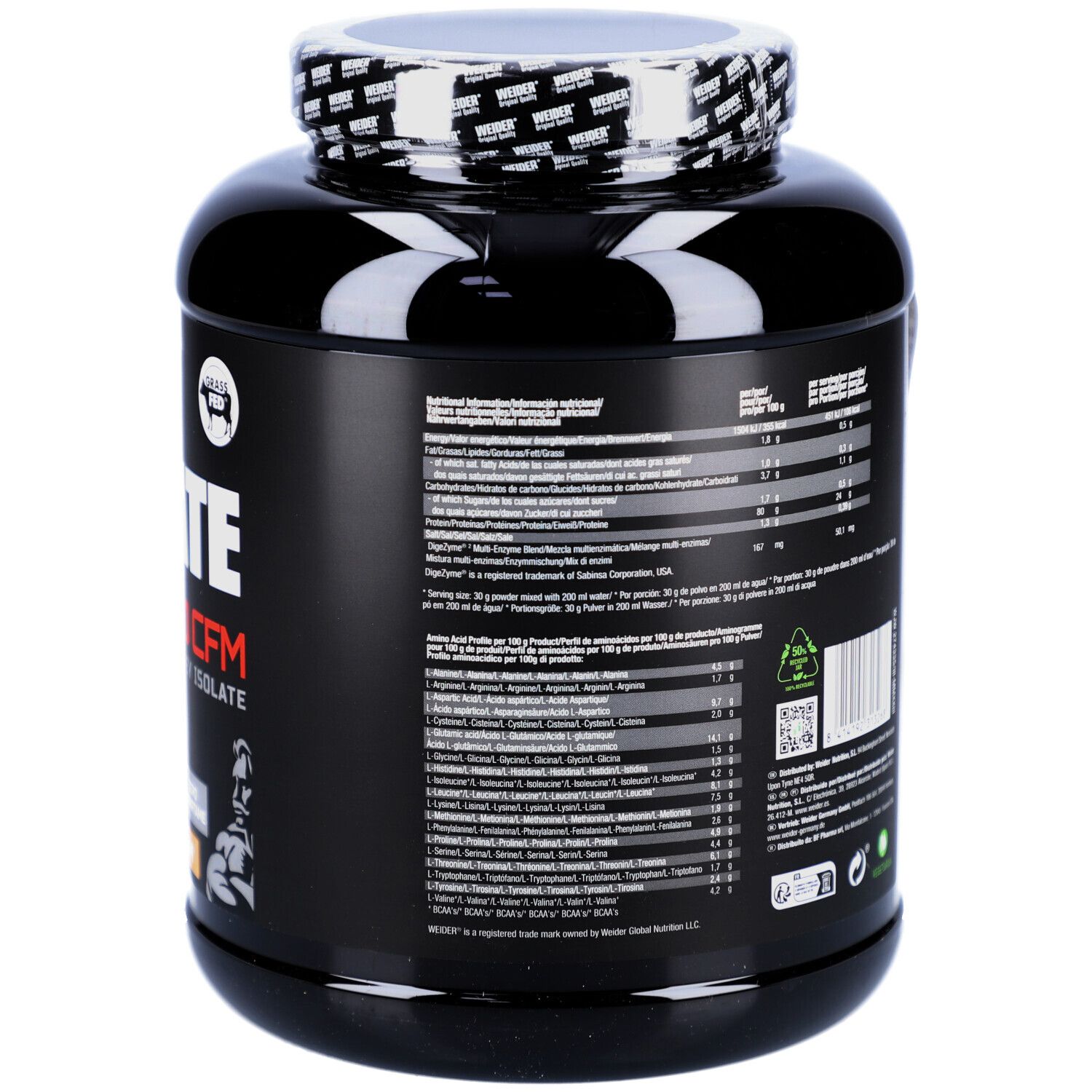 Schwarze Dose mit weißem Deckel. Rückseite mit Nährwertangaben und Zutaten. Enthält 908g.