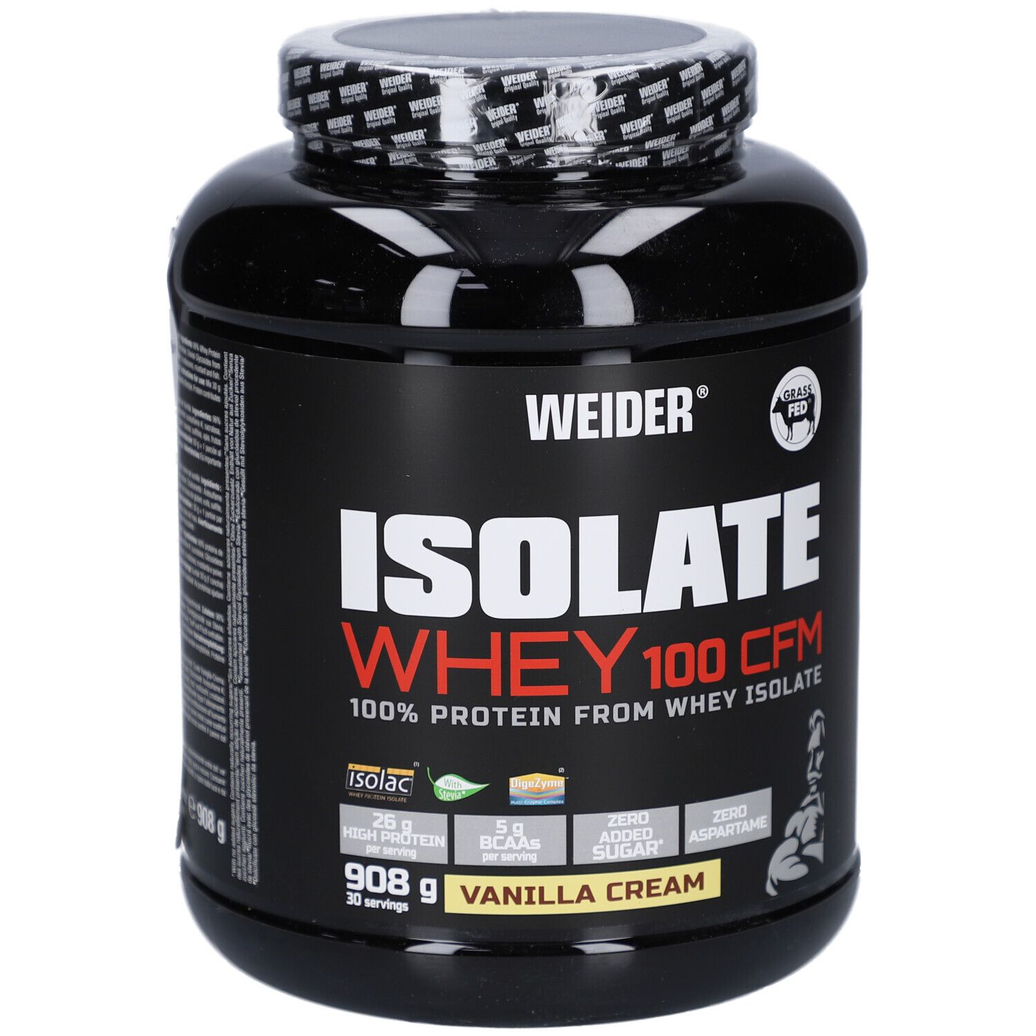 Boîte noire avec "WEIDER" et "ISOLATE WHEY 100 CFM". Contient 908g, saveur Vanilla Cream.