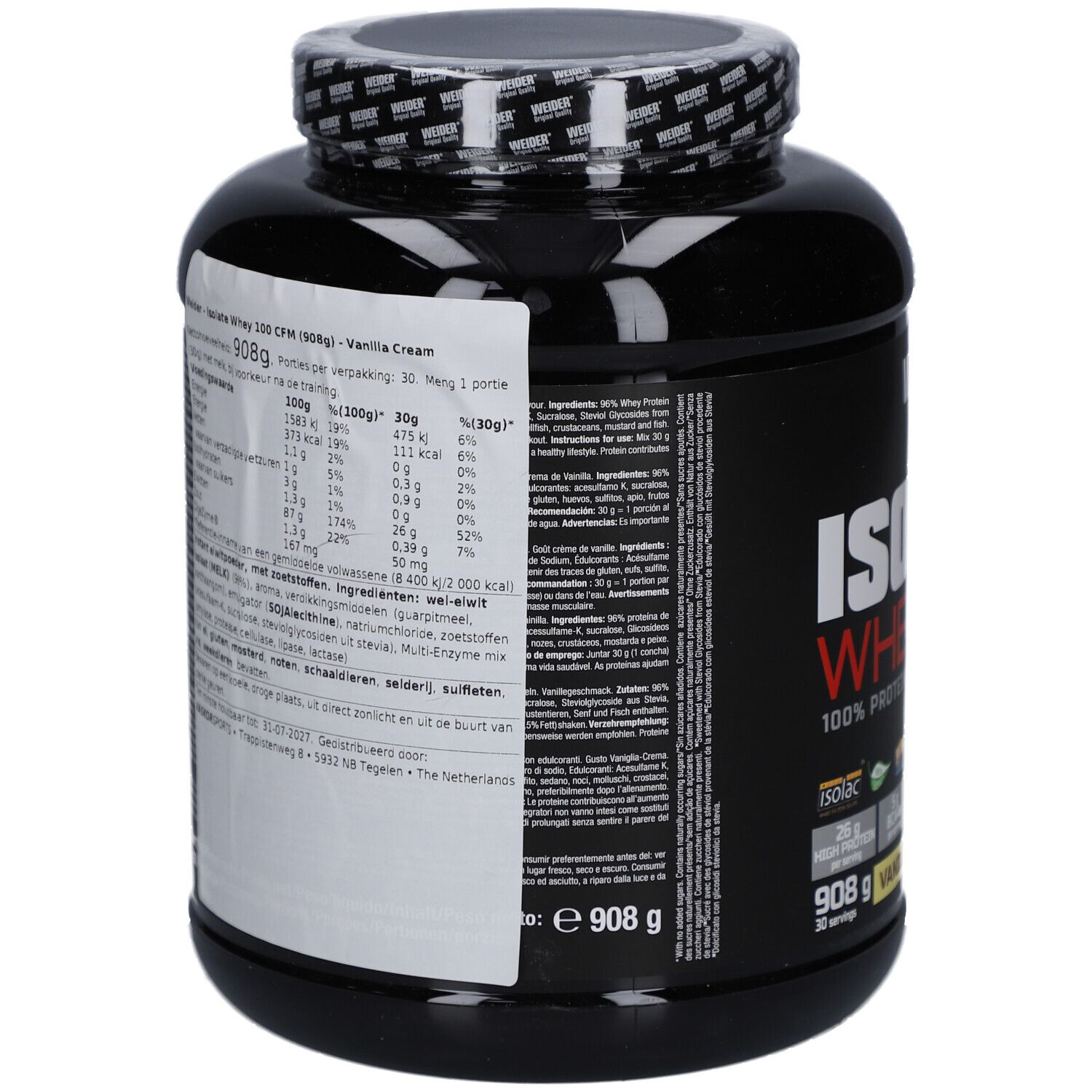 Boîte noire avec informations nutritionnelles et liste d'ingrédients. Contient 908g. Autocollant avec informations multilingues.