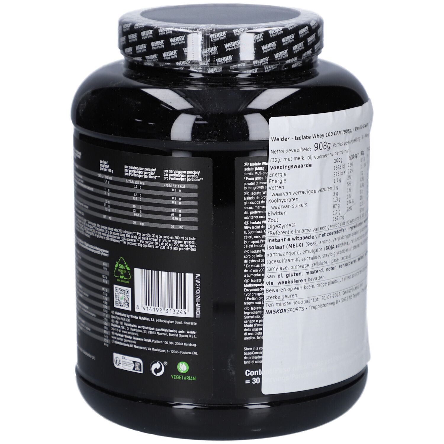 Boîte noire avec informations nutritionnelles et liste d'ingrédients. Contient 908g. Dos avec informations multilingues.