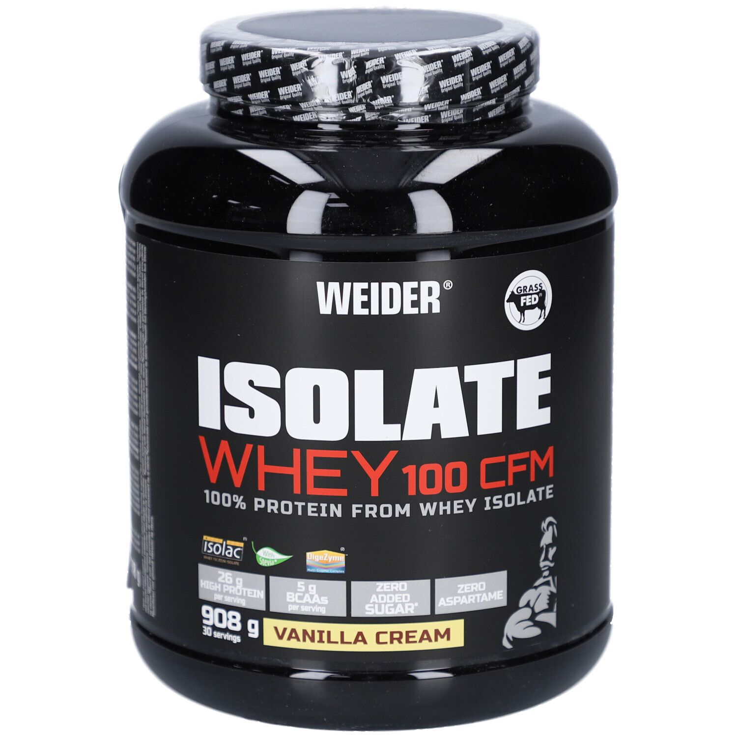 Boîte noire avec "WEIDER" et "ISOLATE WHEY 100 CFM". Contient 908g, saveur Vanilla Cream. Avec le label Grass Fed.
