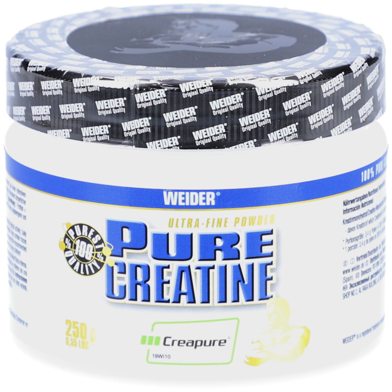 Weider Pure Creatine (250g) Dose. Weiß-blaue Dose mit Aufschrift Pure Creatine und Creapure-Logo. 100% reines Kreatin.