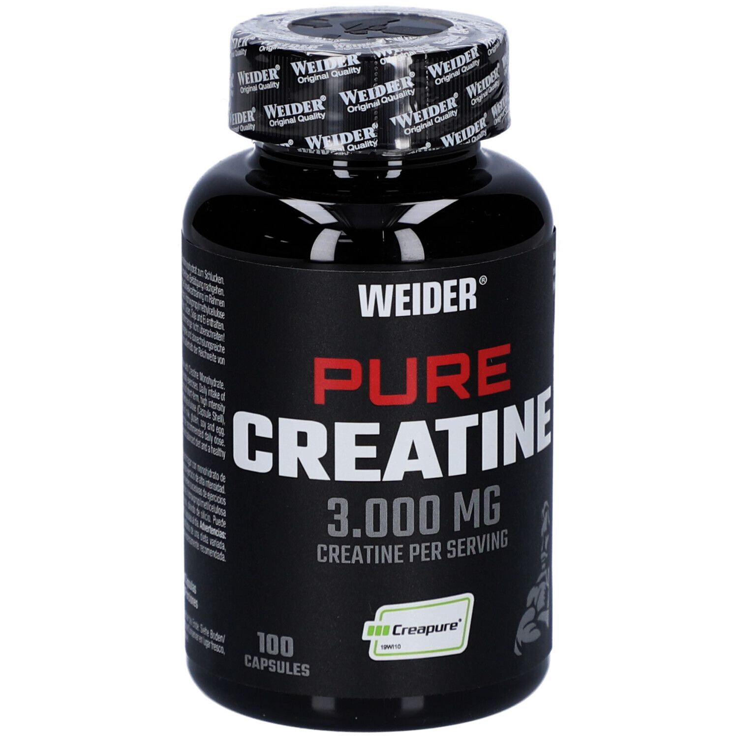 Flacon noir de gélules. Inscription: WEIDER, PURE CREATINE, 3.000 MG. 100 gélules. Logo Creapure.