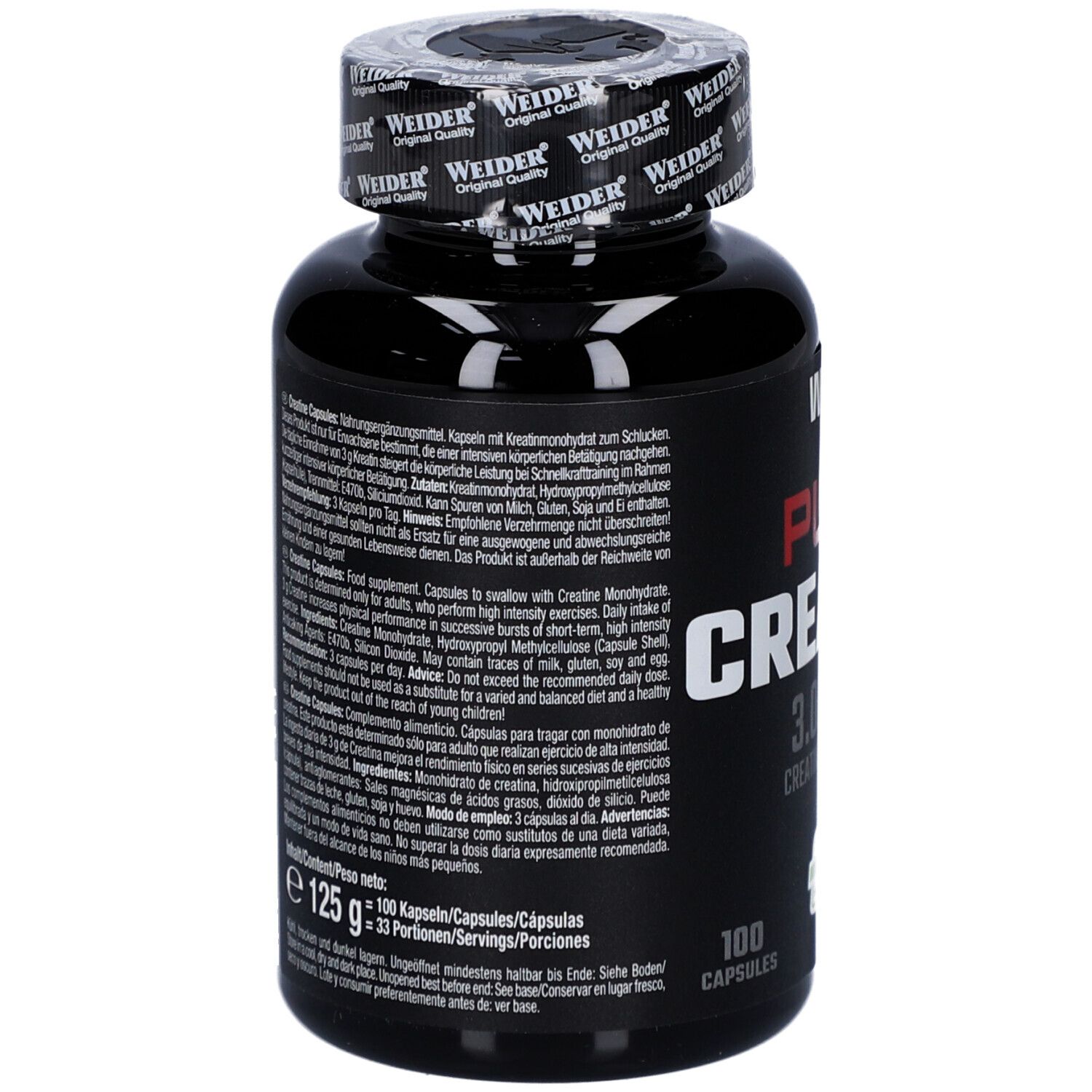 Flacon noir avec texte. Inscription: WEIDER, PURE CREATINE. Contient 100 gélules. Texte multilingue.