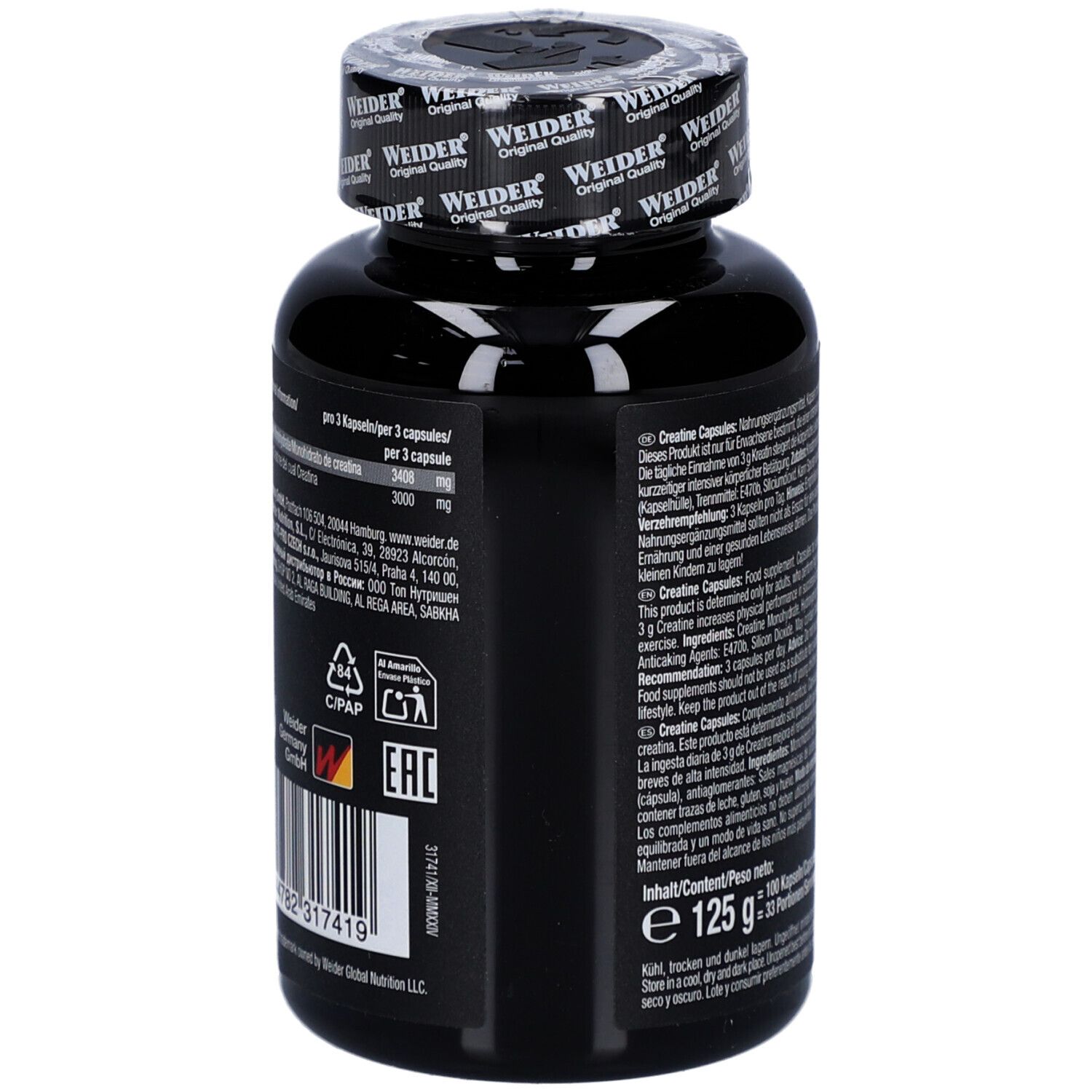 Flacon noir avec texte et code-barres. Inscription: WEIDER, PURE CREATINE. 125 g. 100 gélules. Plusieurs logos.