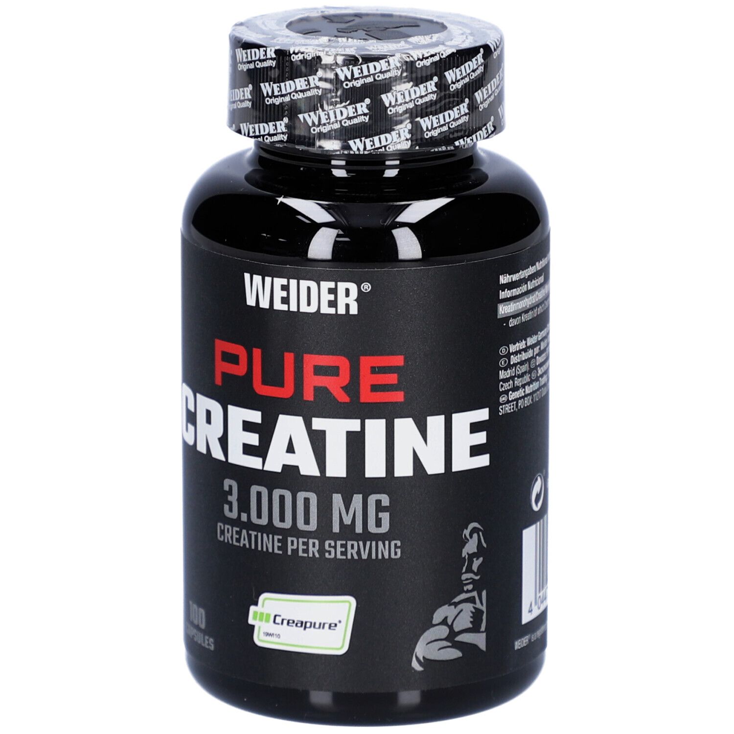 Flacon noir de gélules. Inscription: WEIDER, PURE CREATINE, 3.000 MG. 100 gélules. Logo Creapure.