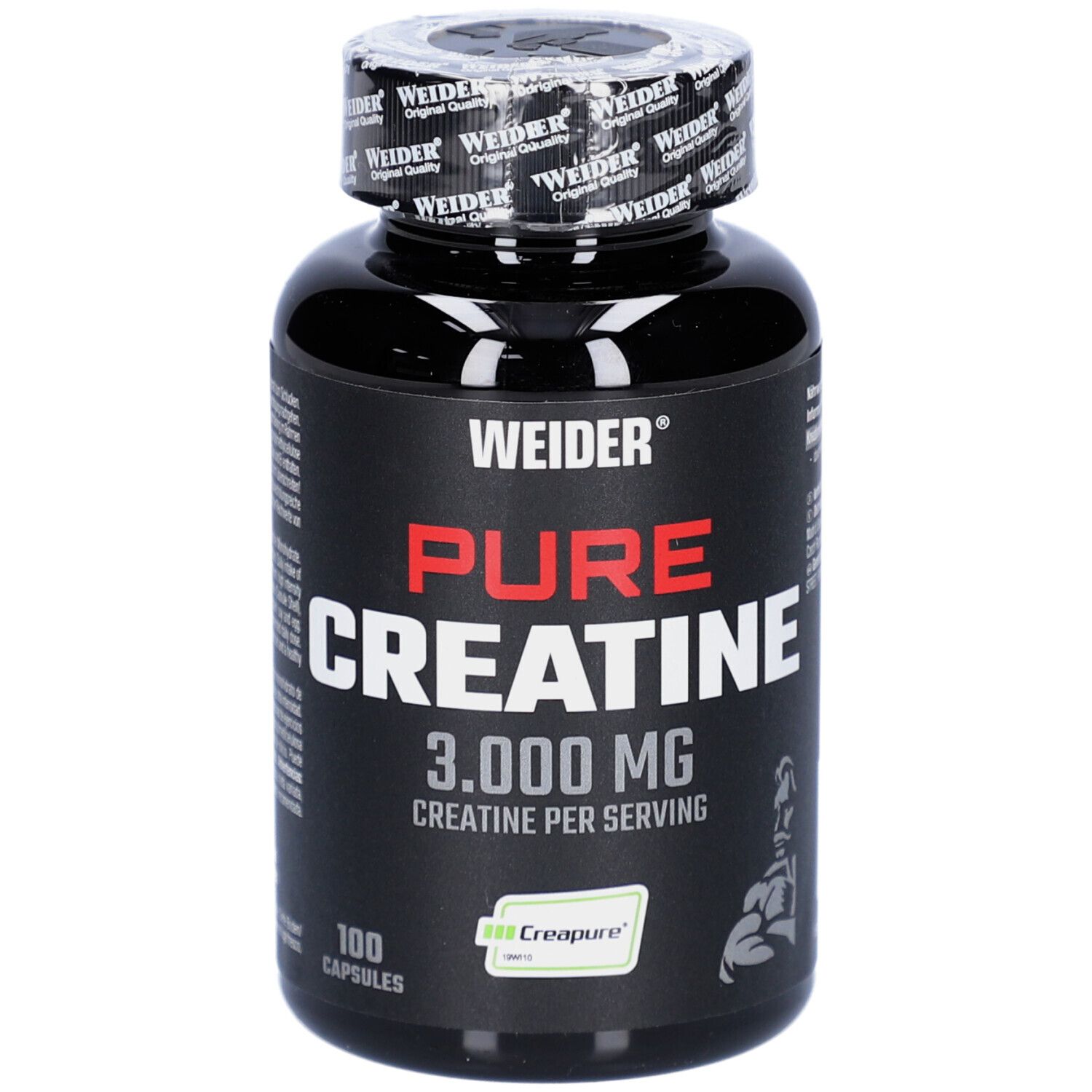 Flacon noir de gélules. Inscription: WEIDER, PURE CREATINE, 3.000 MG. 100 gélules. Logo Creapure.