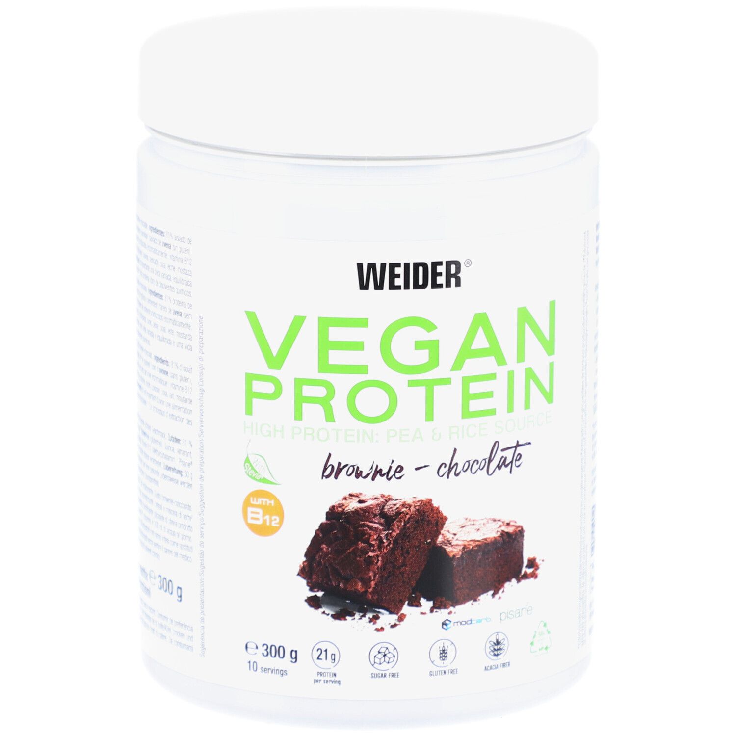 Weiße Dose mit Vegan Protein. Aufschrift: Vegan Protein Brownie-Chocolate. Abbildung von Brownie-Stücken. Enthält Vitamin B12.