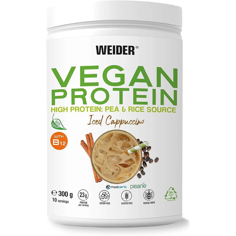Weider Vegan Protein, Dose mit Iced Cappuccino-Aufdruck. Enthält B12. 300g, 10 Portionen. Zuckerfrei, glutenfrei.