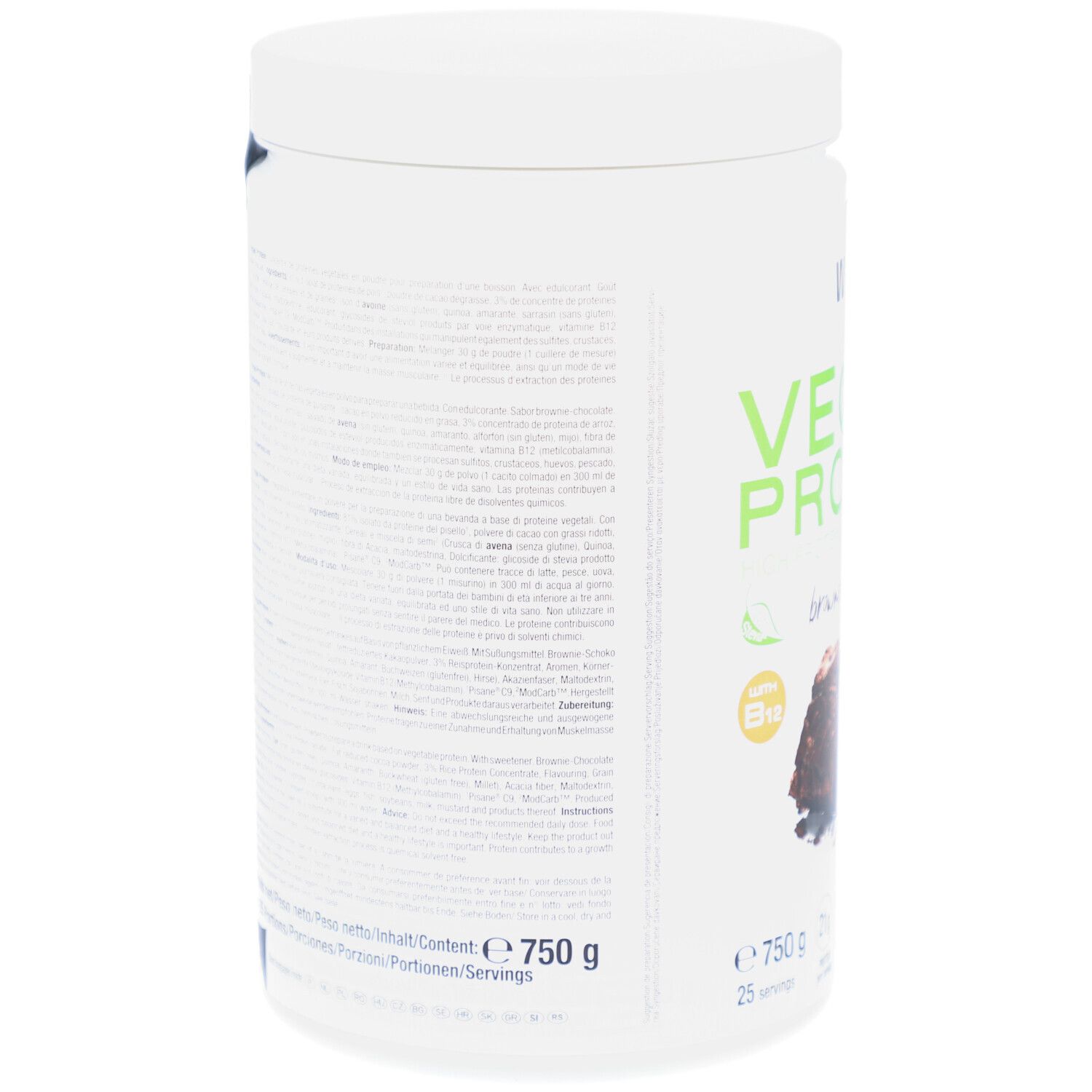 Weiße Dose, Rückseite mit Text. Enthält Informationen zu Inhaltsstoffen und Nährwerten. E750g.