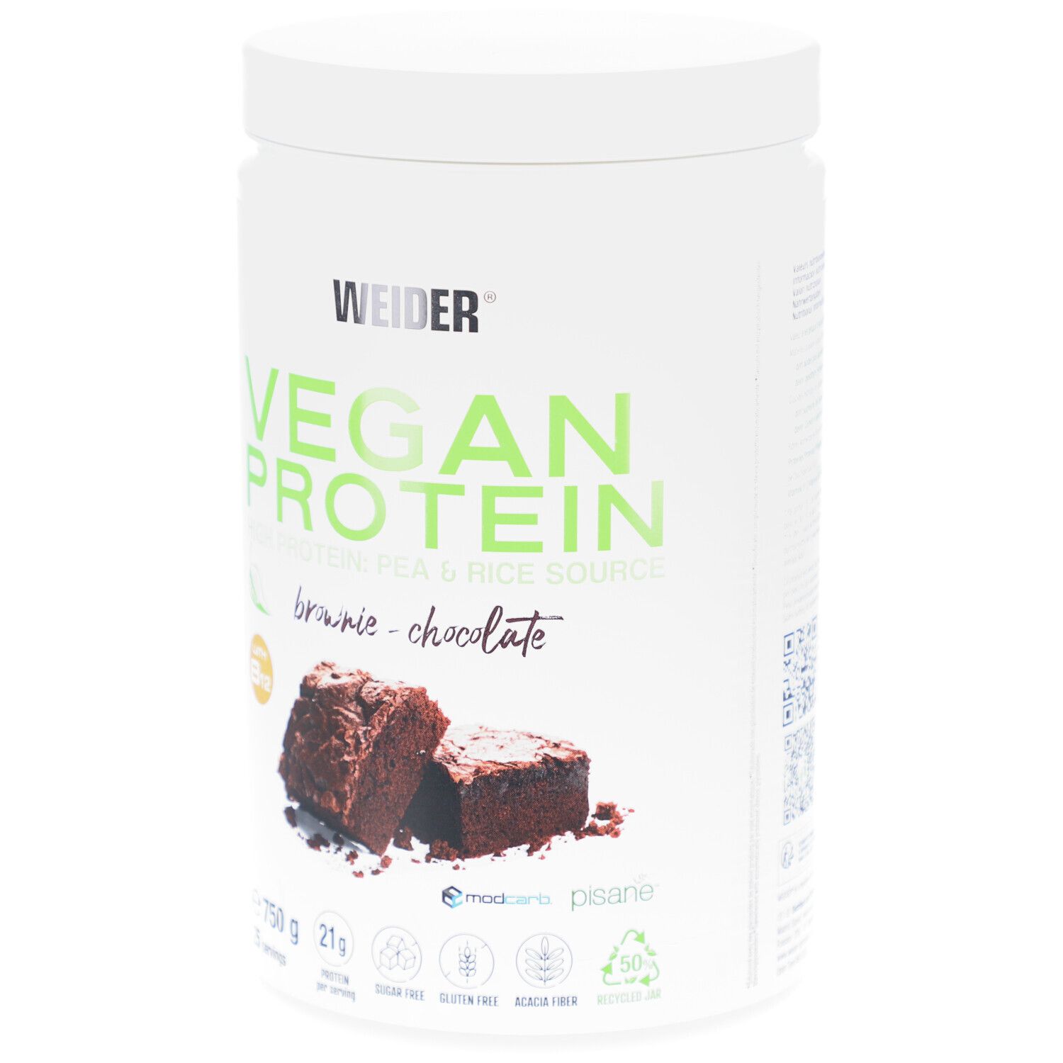 Weiße Dose mit Vegan Protein, Brownie-Geschmack. Enthält 750g. Abgebildet sind zwei Brownie-Stücke.