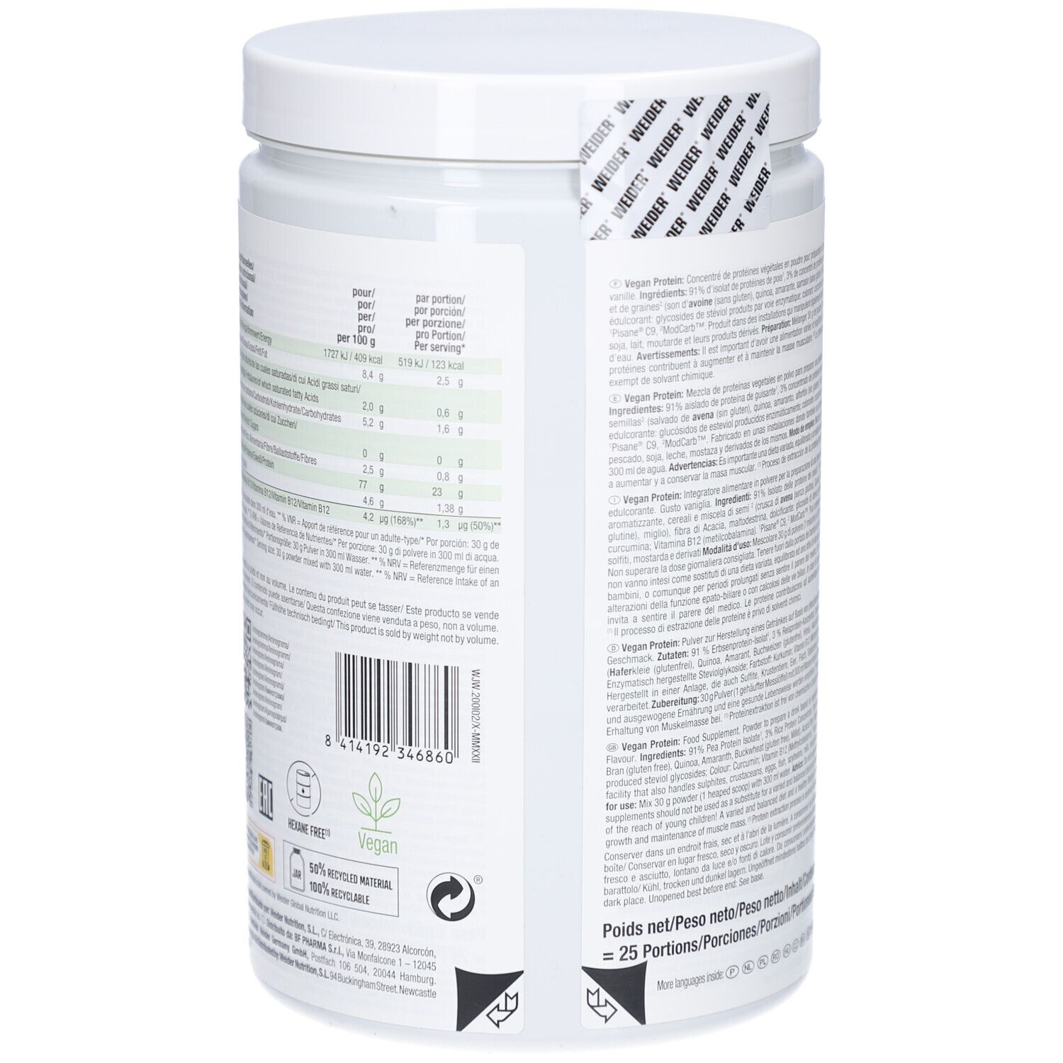 Pot de Weider Vegan Protein, dos. Informations nutritionnelles, code-barres, sceau végétalien. Contient 750g, 25 portions.