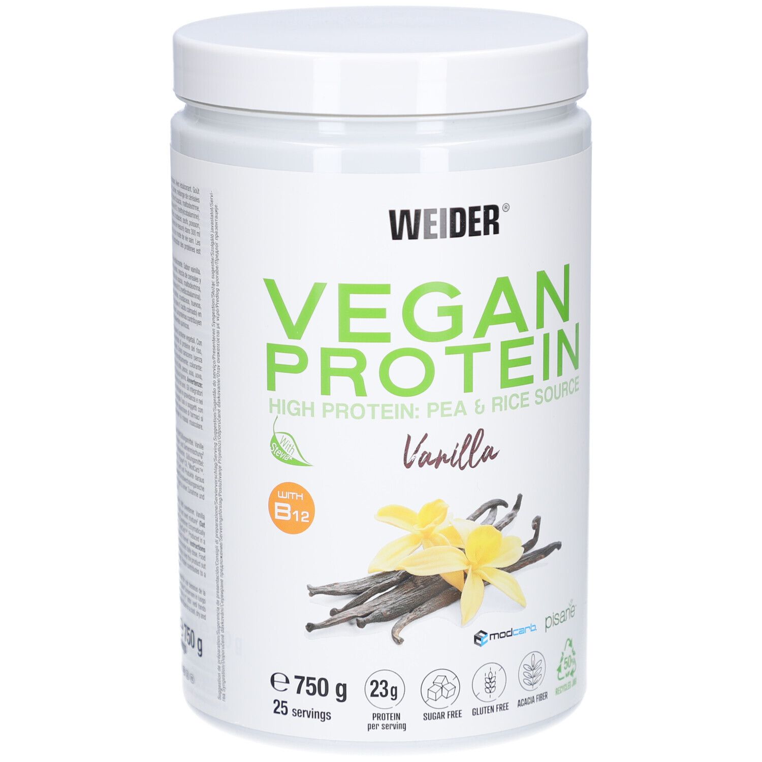 Weider Vegan Protein, saveur vanille, pot de 750g. Contient des protéines de pois et de riz. Avec vitamine B12. Image de fleurs de vanille.