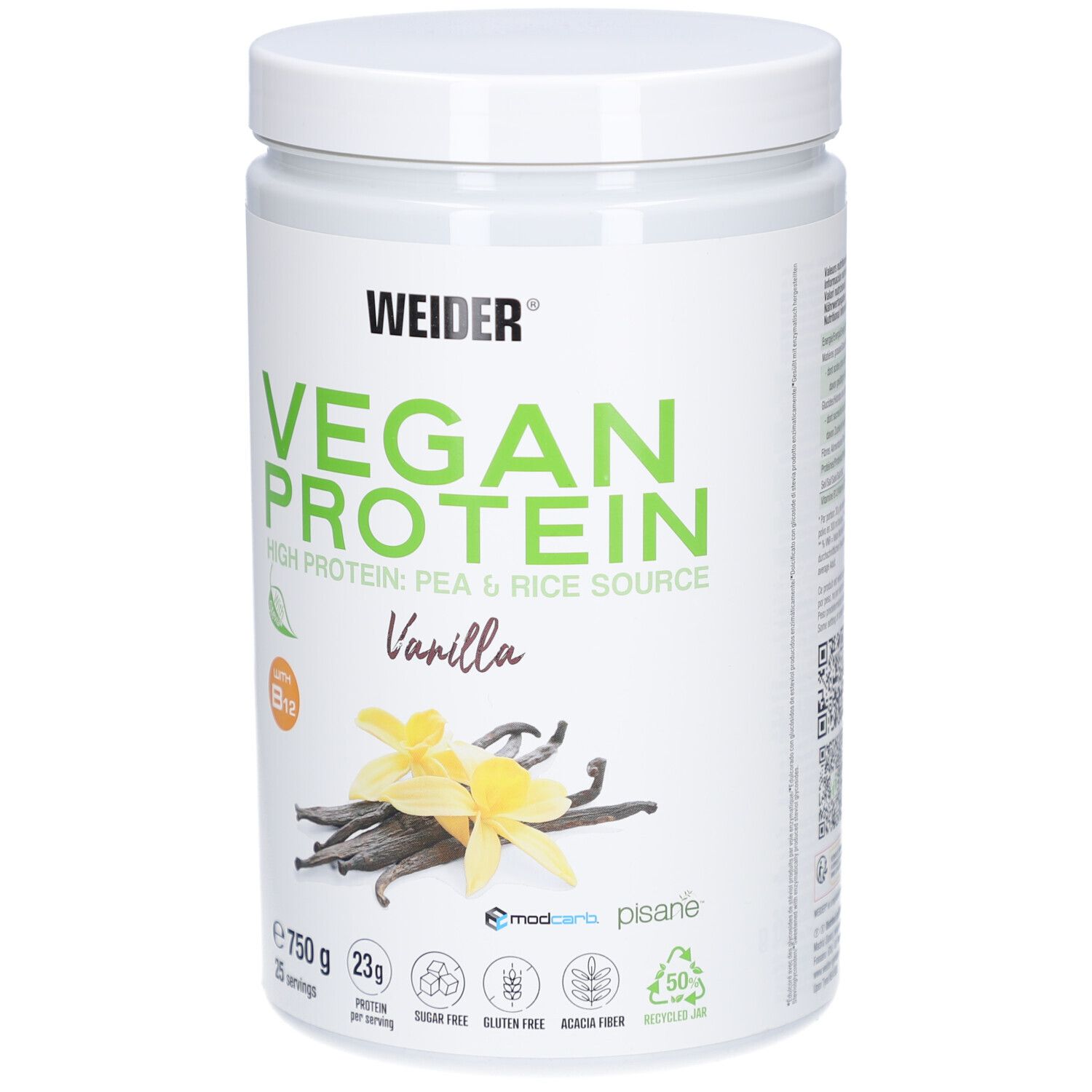 Weider Vegan Protein, saveur vanille, pot de 750g. Contient des protéines de pois et de riz. Avec vitamine B12. Image de fleurs de vanille.