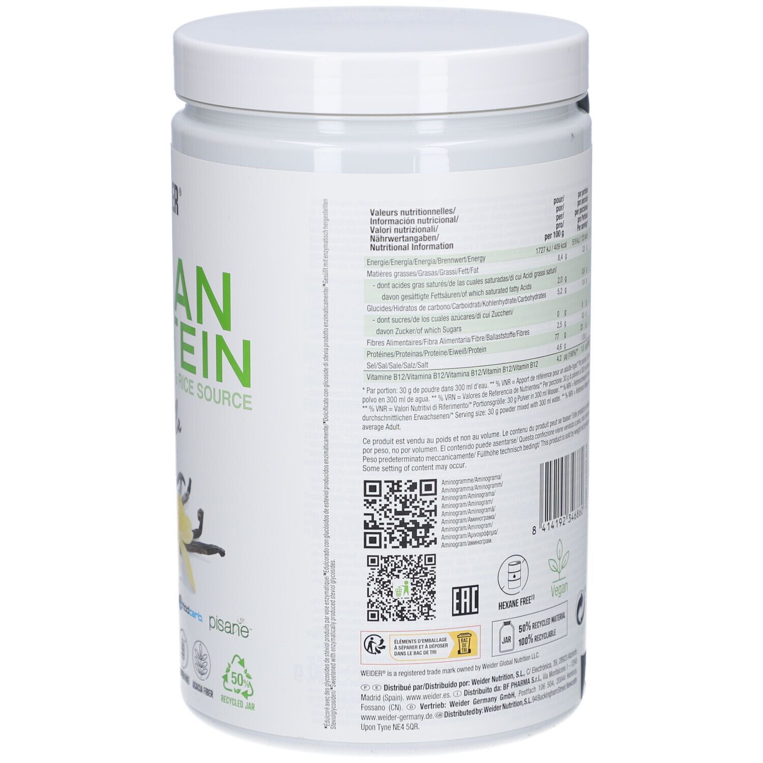 Pot de Weider Vegan Protein, dos. Informations nutritionnelles, code QR, sceau végétalien. Contient 750g, 25 portions.