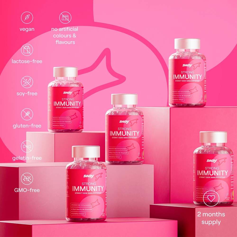 Mehrere Flaschen STRONG IMMUNITY. Aufschrift: vegan, laktosefrei, sojafrei, glutenfrei, gelatinefrei, GMO-frei.