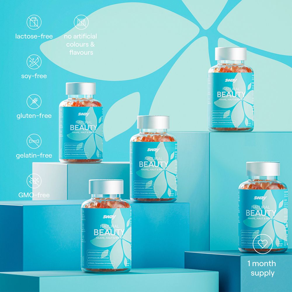 Plusieurs flacons de gummies. Les flacons indiquent "Beauty".