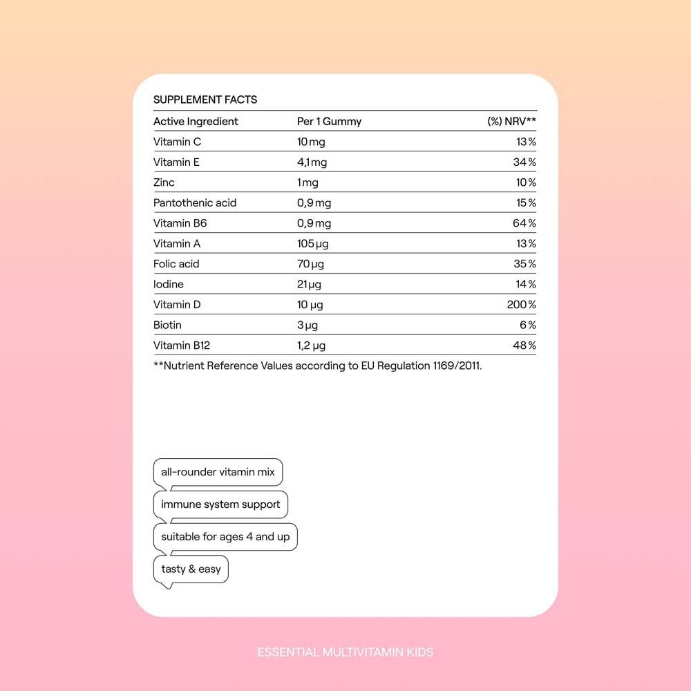Tableau nutritionnel avec vitamines et minéraux. Texte : "Essential Multivitamin Kids". Fond rose.