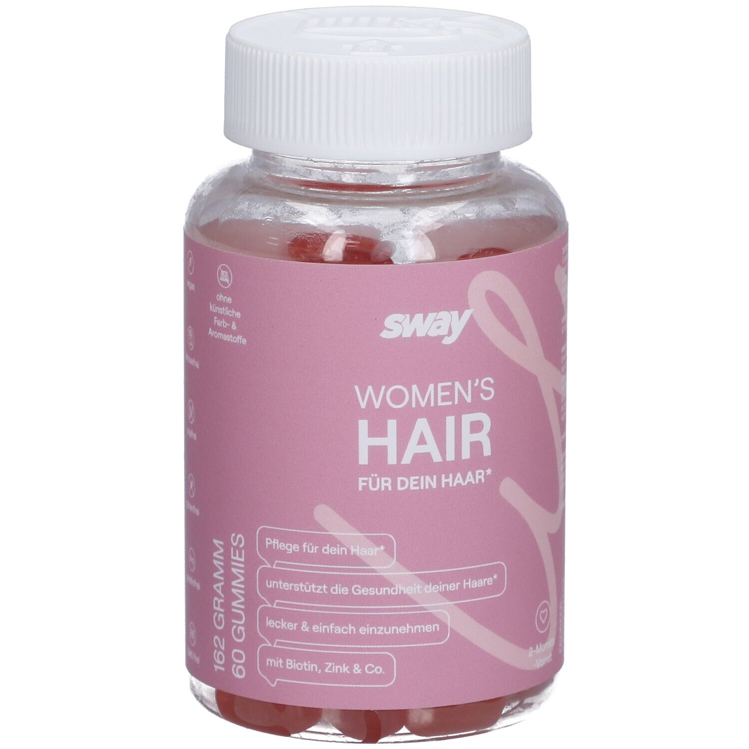 Flacon transparent avec étiquette rose. Inscription: sway Women's Hair. Contient 60 gummies. Vegan.