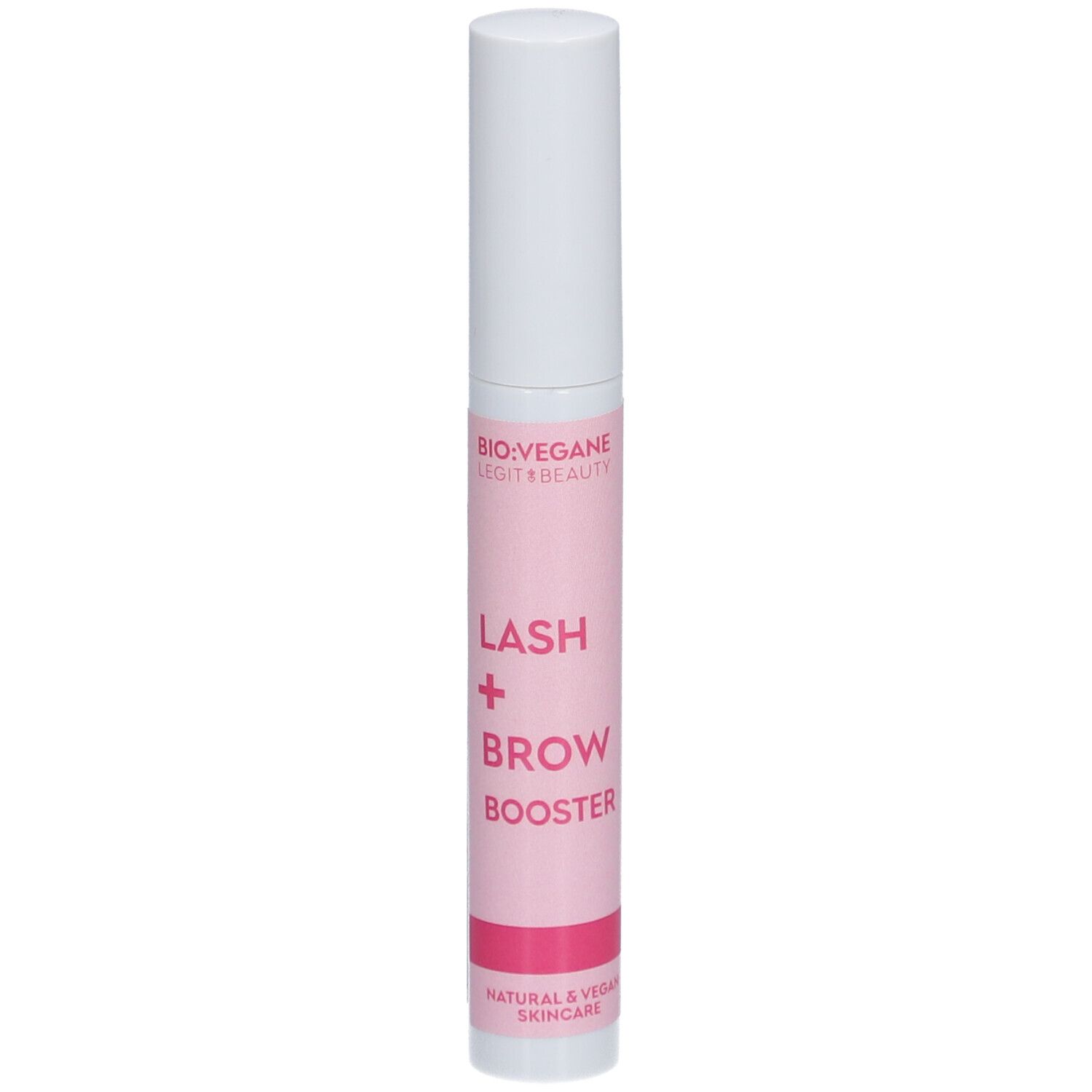 BIO:VEGANE Lash + Brow Booster. Tube rose et bouchon blanc. Inscription: Lash + Brow Booster.