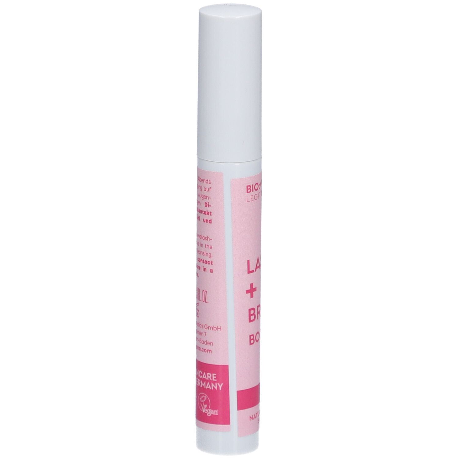 BIO:VEGANE Lash + Brow Booster. Dos du tube avec texte. Fond rose, bouchon blanc.