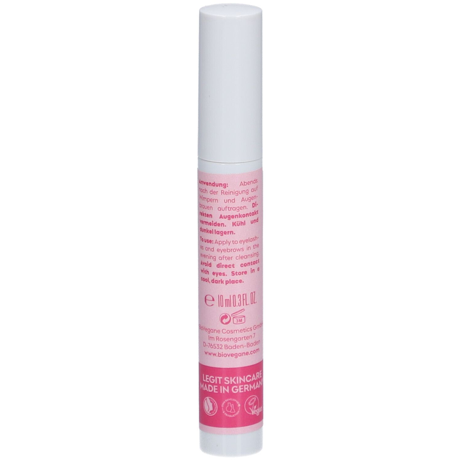BIO:VEGANE Lash + Brow Booster. Vue détaillée du tube avec texte. Fond rose, bouchon blanc.