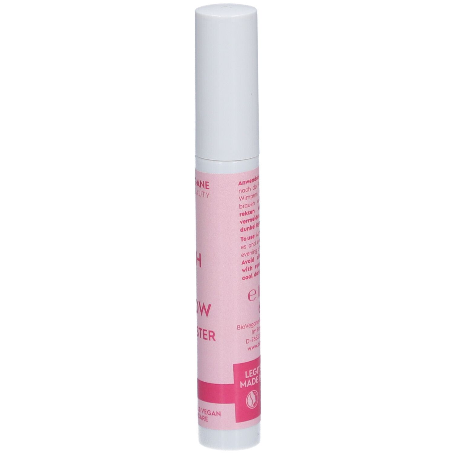 BIO:VEGANE Lash + Brow Booster. Vue détaillée du tube avec texte. Fond rose, bouchon blanc.