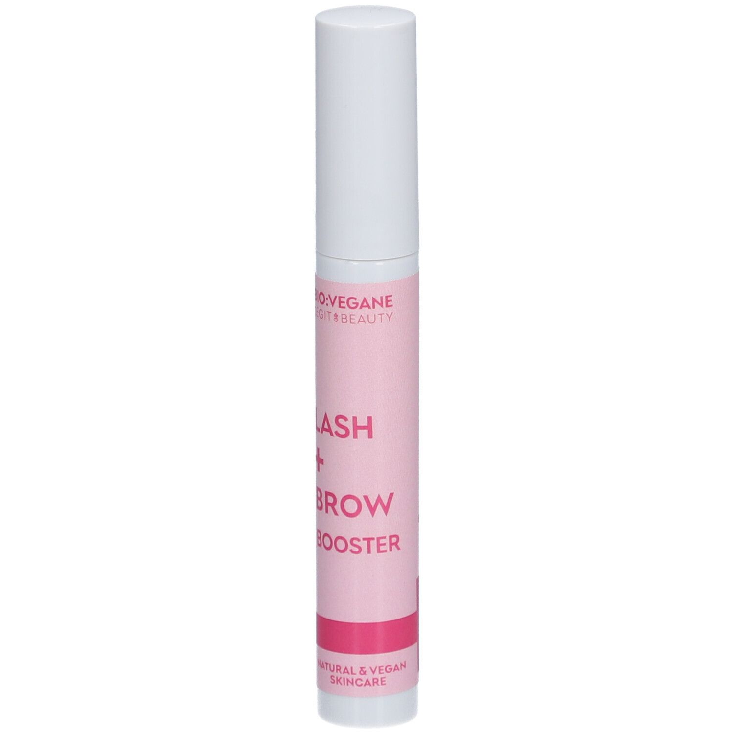 BIO:VEGANE Lash + Brow Booster. Tube rose et bouchon blanc. Inscription: Lash + Brow Booster.