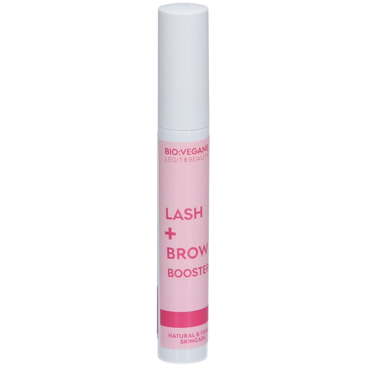 BIO:VEGANE Lash + Brow Booster. Tube rose et bouchon blanc. Inscription: Lash + Brow Booster.