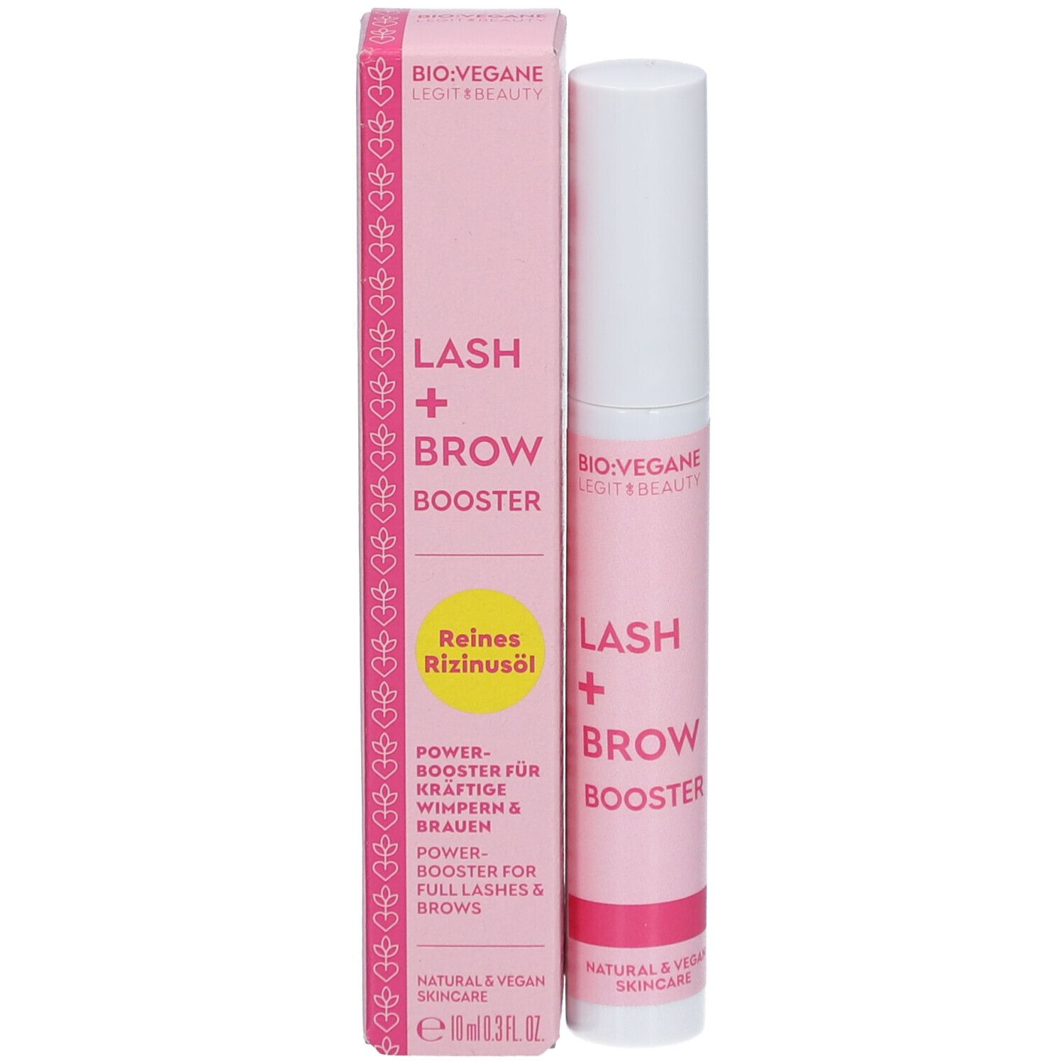 BIO:VEGANE Lash + Brow Booster. Produit avec emballage. Emballage rose avec produit. Inscription: Lash + Brow Booster.