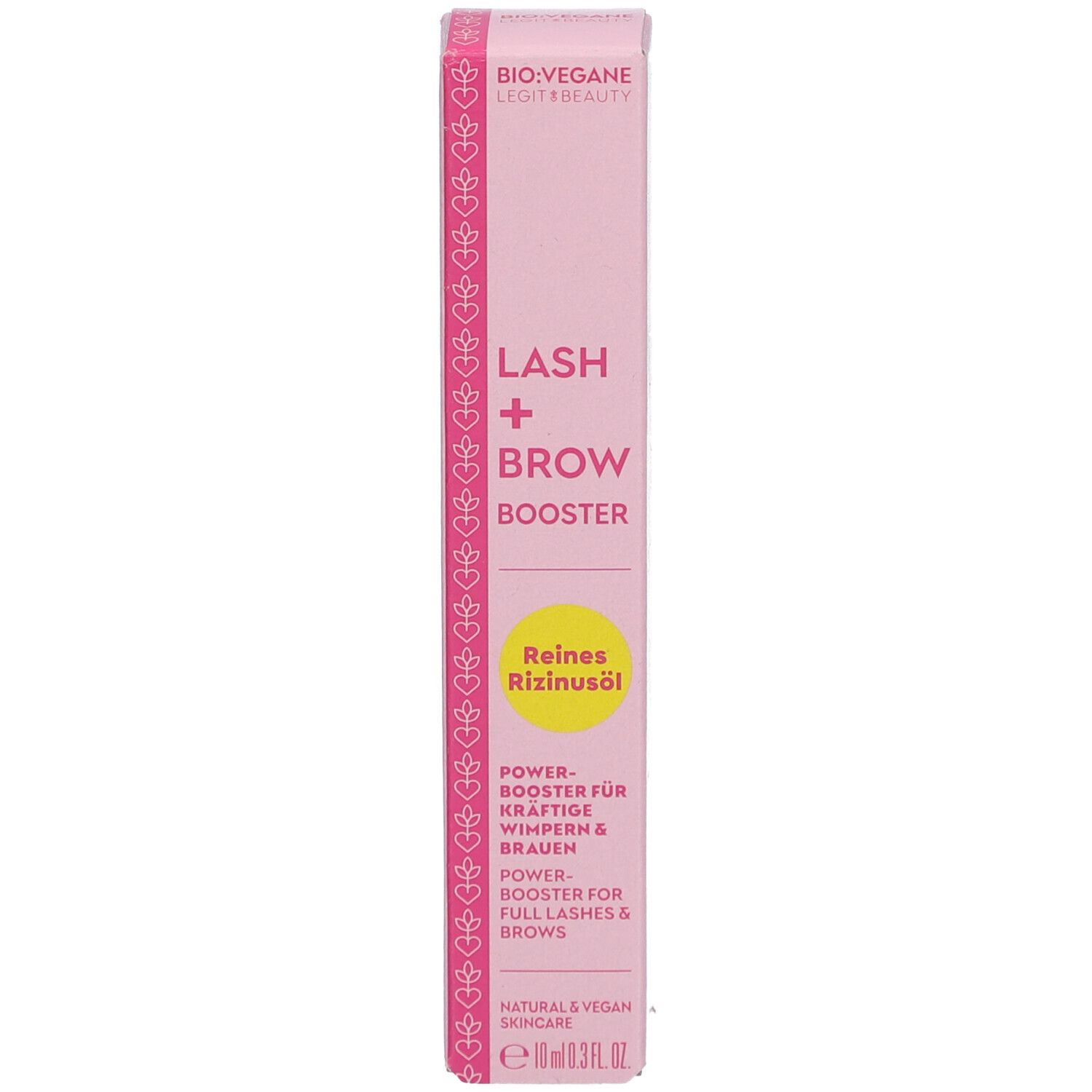 BIO:VEGANE Lash + Brow Booster. Emballage rose. Inscription: Lash + Brow Booster. Texte: Reines Rizinusöl.