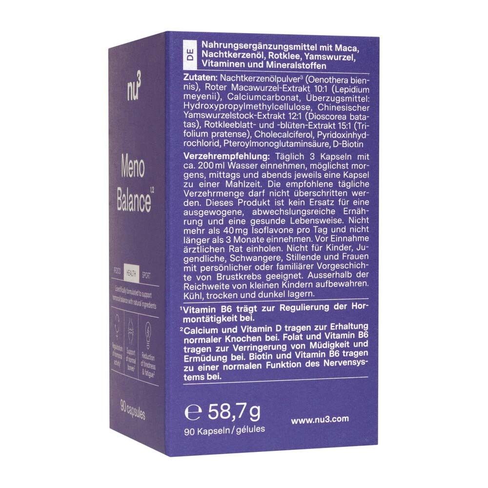Dos d'une boîte violette de nu3 Meno Balance. Texte en allemand avec ingrédients et instructions d'utilisation.
